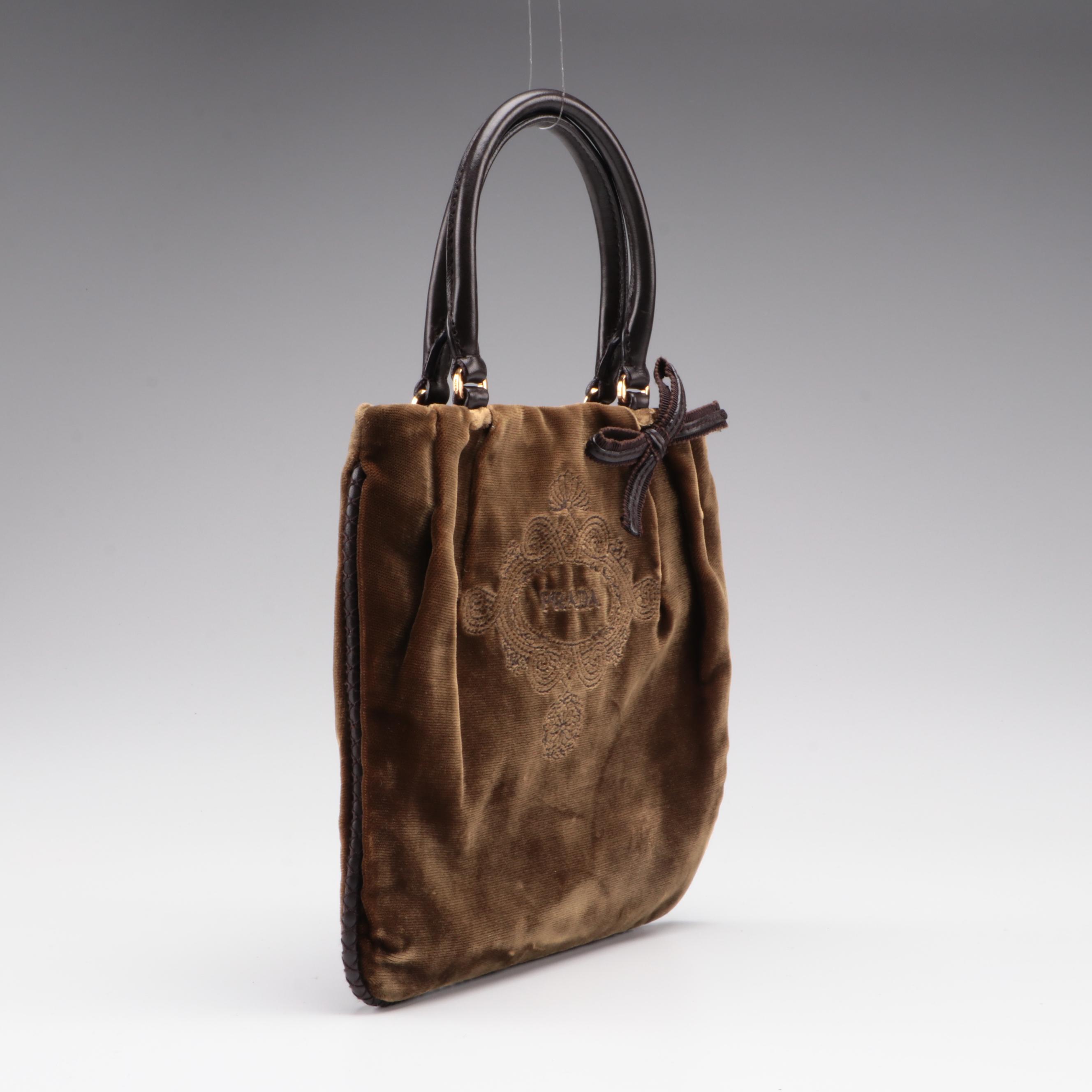 Prada Mini Embroidered Tote in Velvet with Leather Trim