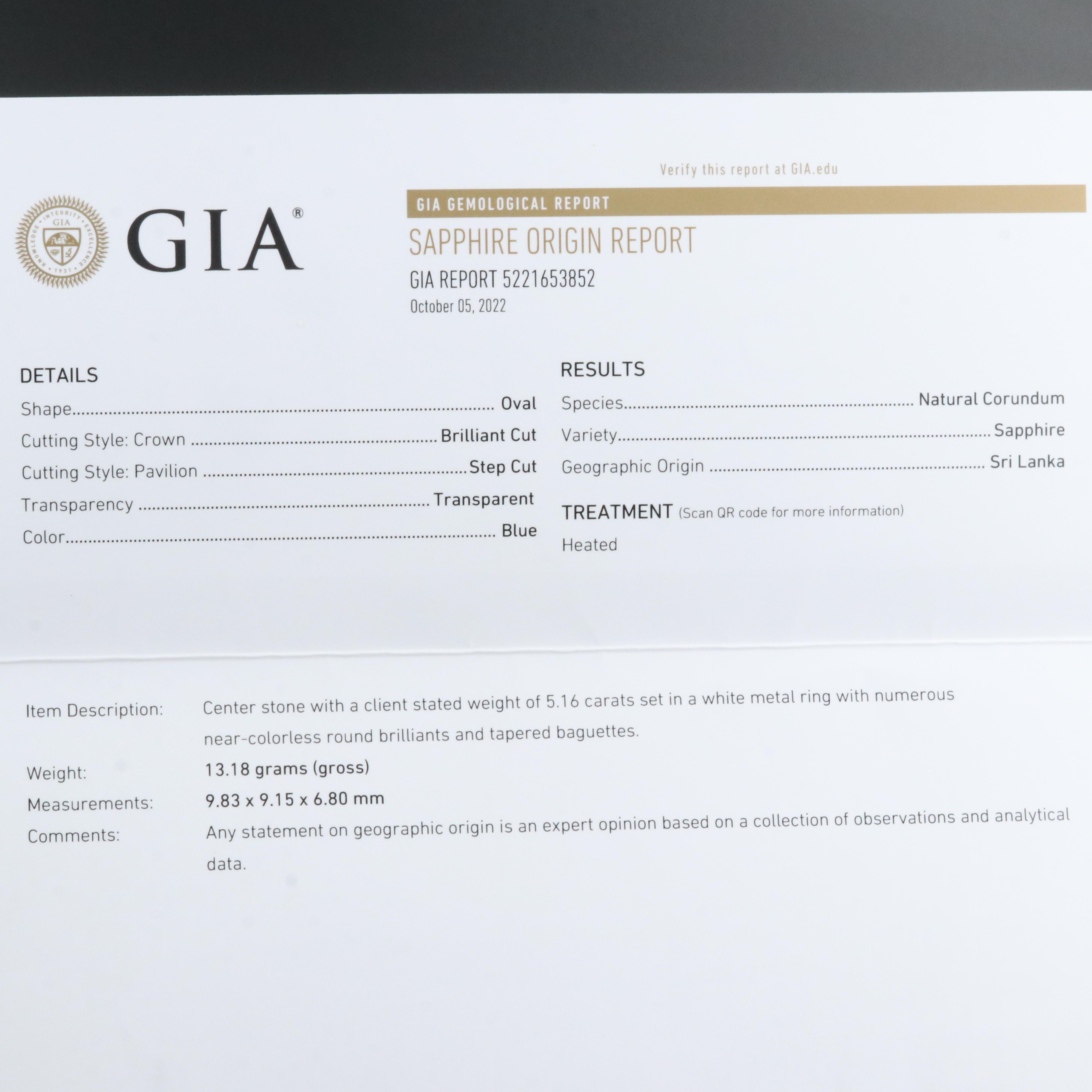 Platinum Ceylon 5.16 CT Sapphire and 1.48 CTW Diamond Ring with GIA Report