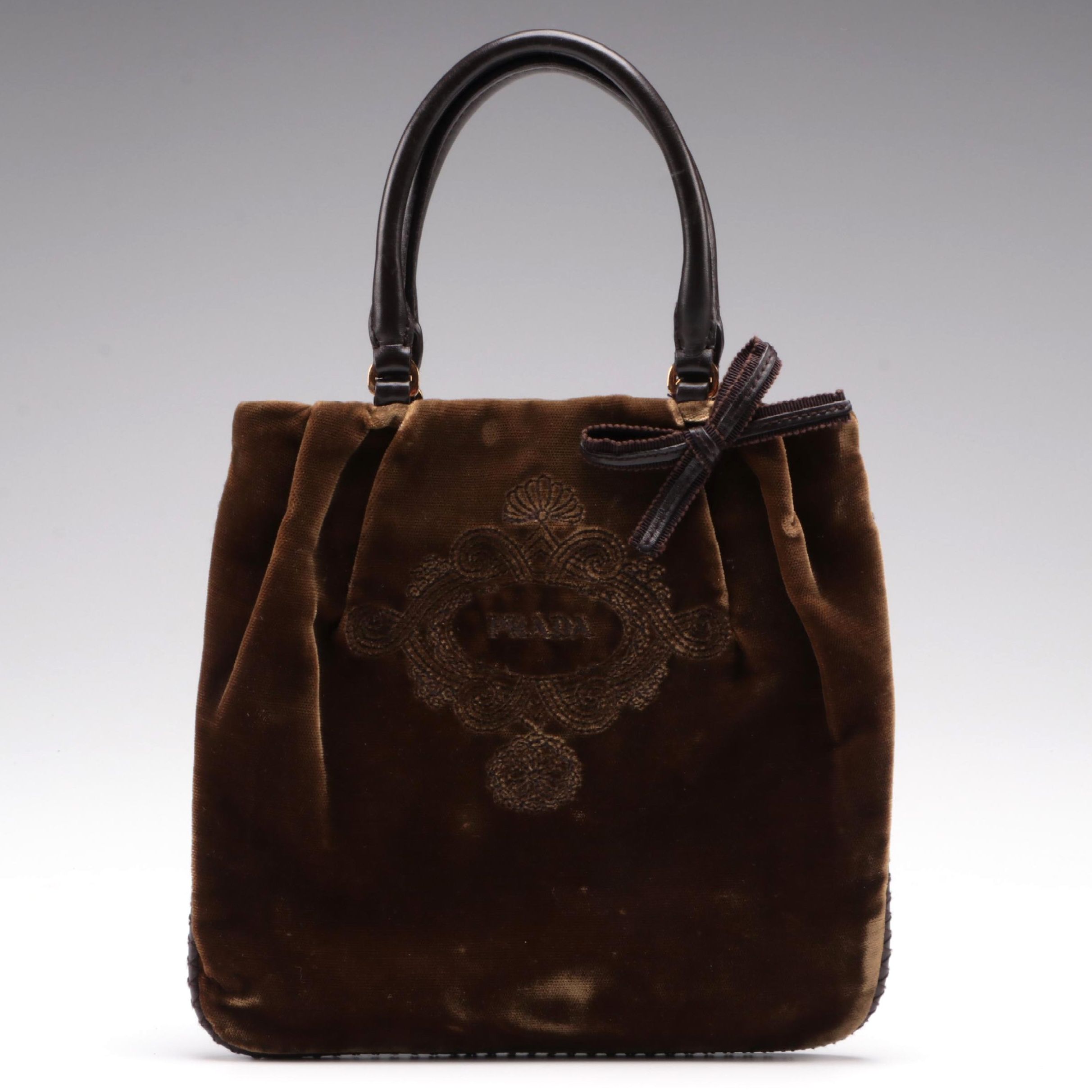 Prada Mini Embroidered Tote in Velvet with Leather Trim
