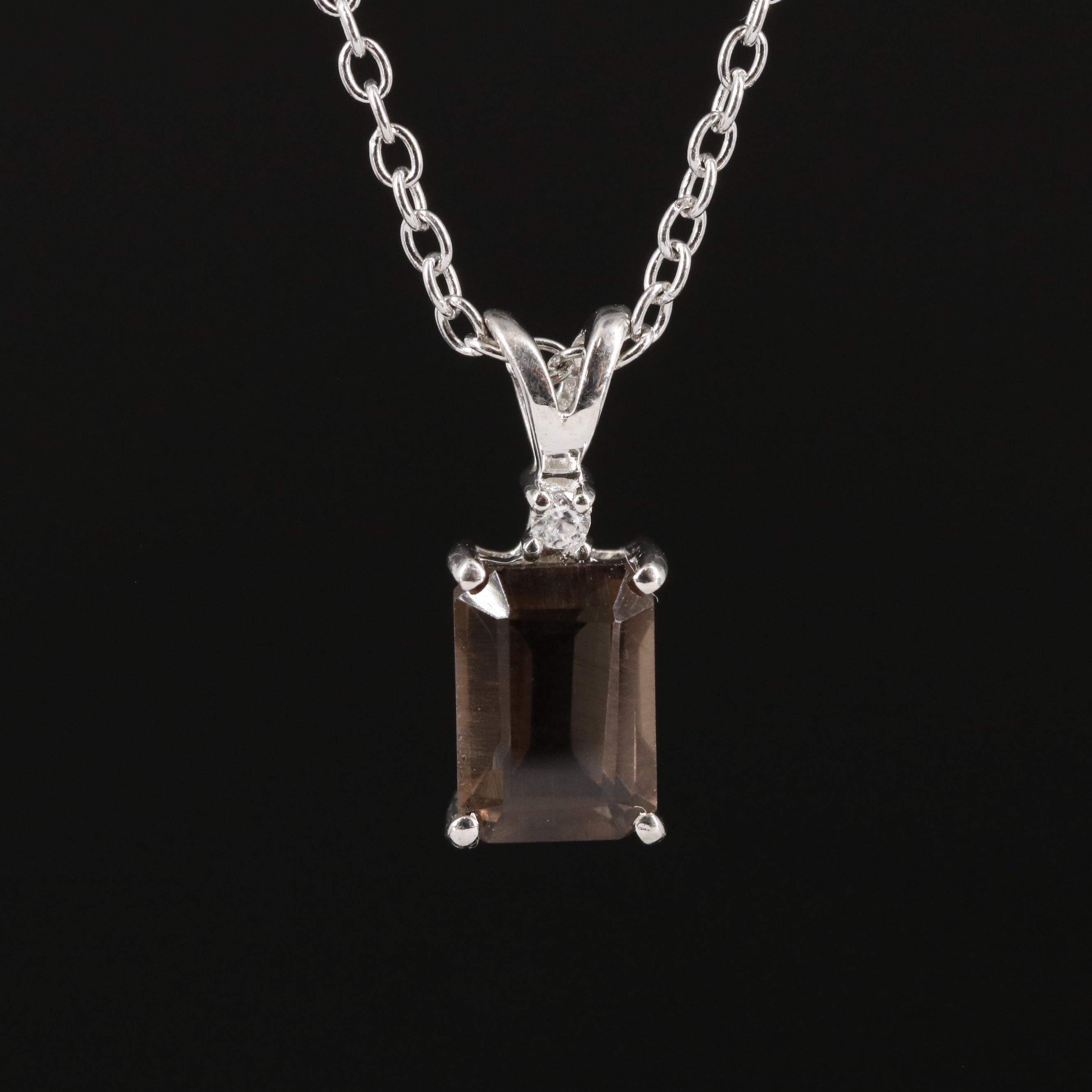 Sterling Smoky Quartz and White Zircon Pendant Necklace