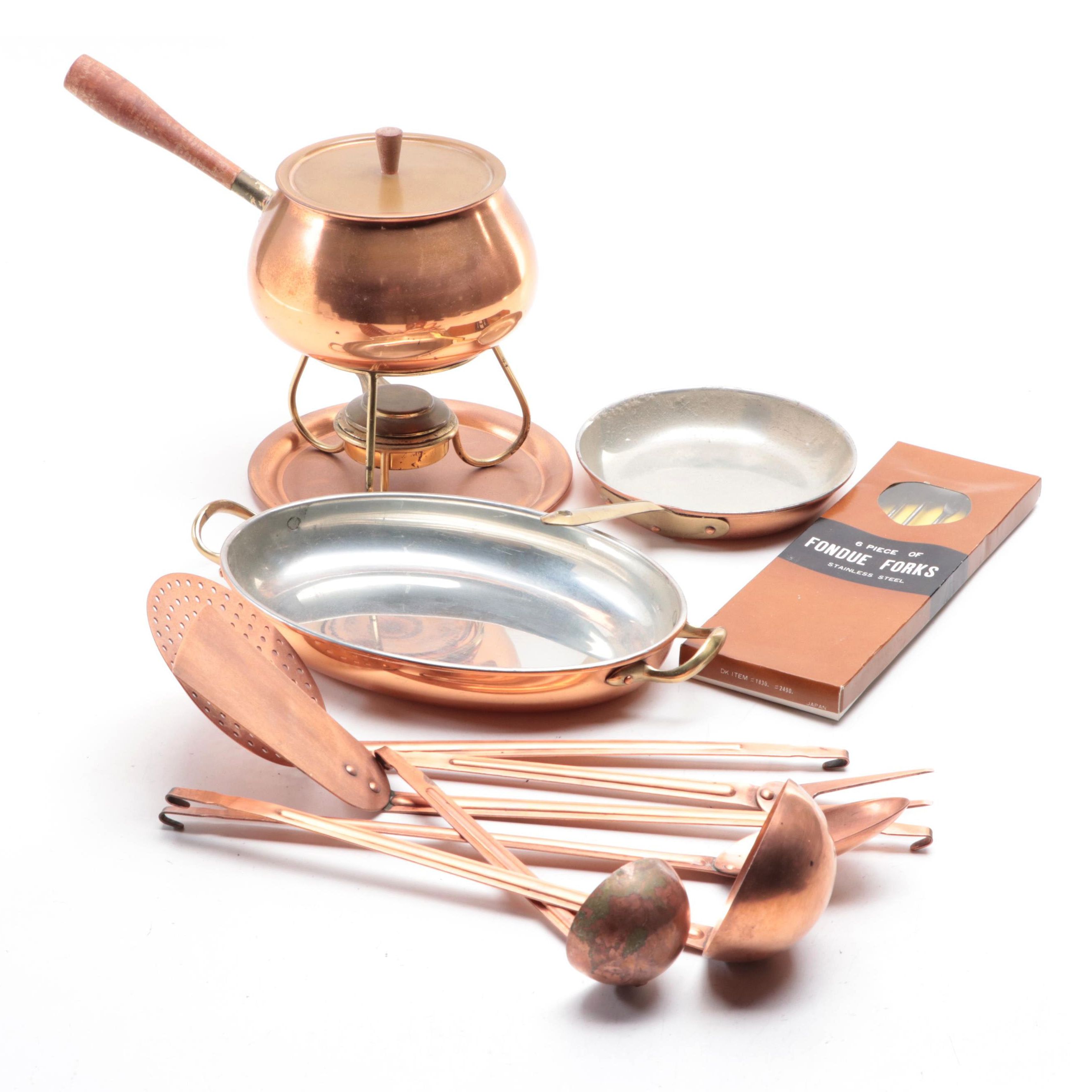 Portugal Copper Fondue Pot with Pans and Cooking Utensils, Mid to Late 20th C.