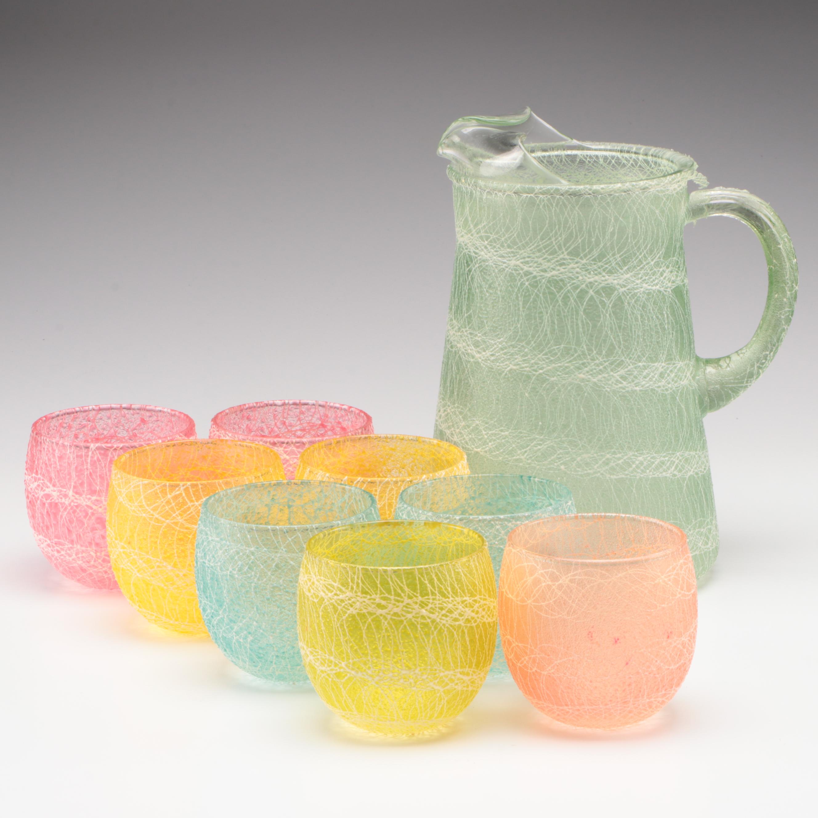 Spaghetti String Roly Poly Glasses and Pitcher, Mid-20th Century