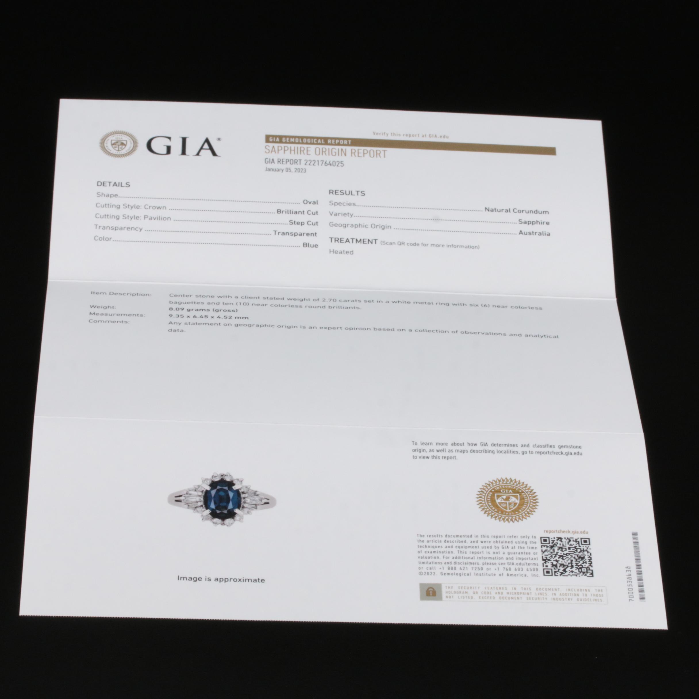Platinum 2.70 CT Sapphire and Diamond Ring with GIA Report