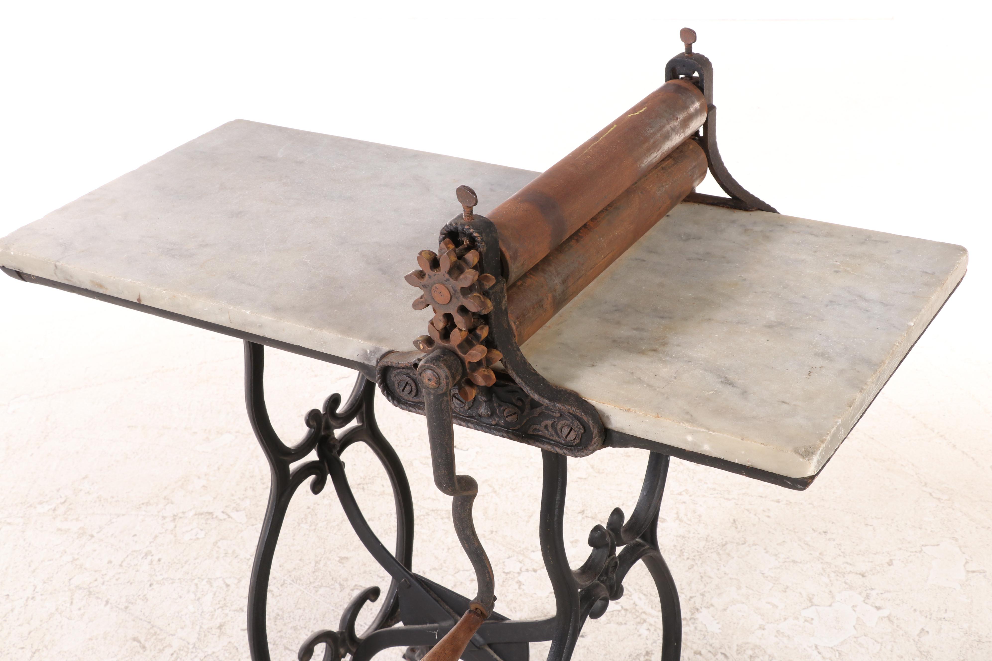 J.A. DeMuth Mfg. Co. Cast Iron and Marble Top Beatin Biscuit Machine, pat. 1898