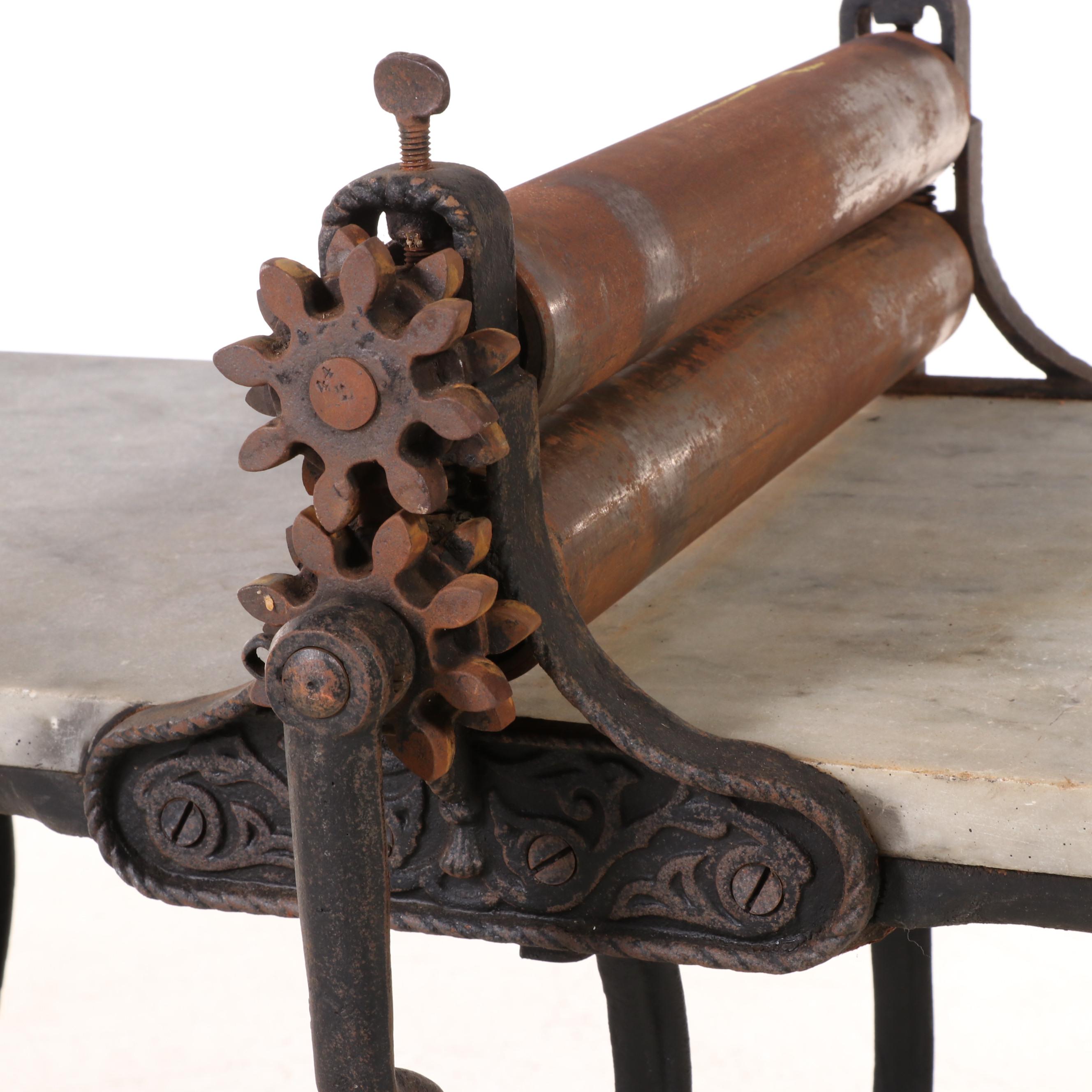 J.A. DeMuth Mfg. Co. Cast Iron and Marble Top Beatin Biscuit Machine, pat. 1898