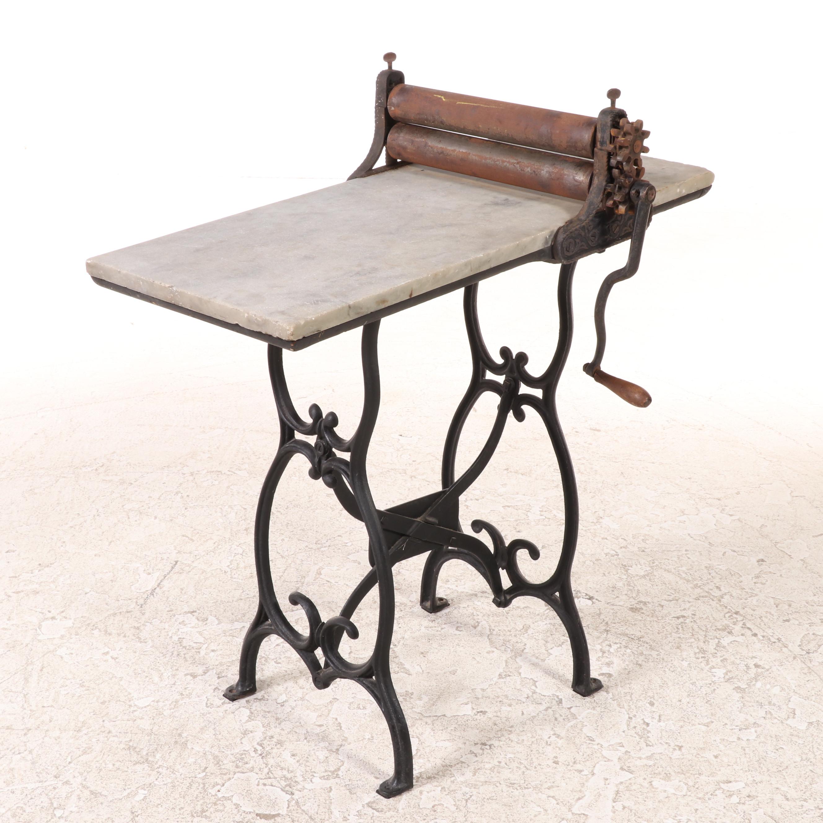 J.A. DeMuth Mfg. Co. Cast Iron and Marble Top Beatin Biscuit Machine, pat. 1898