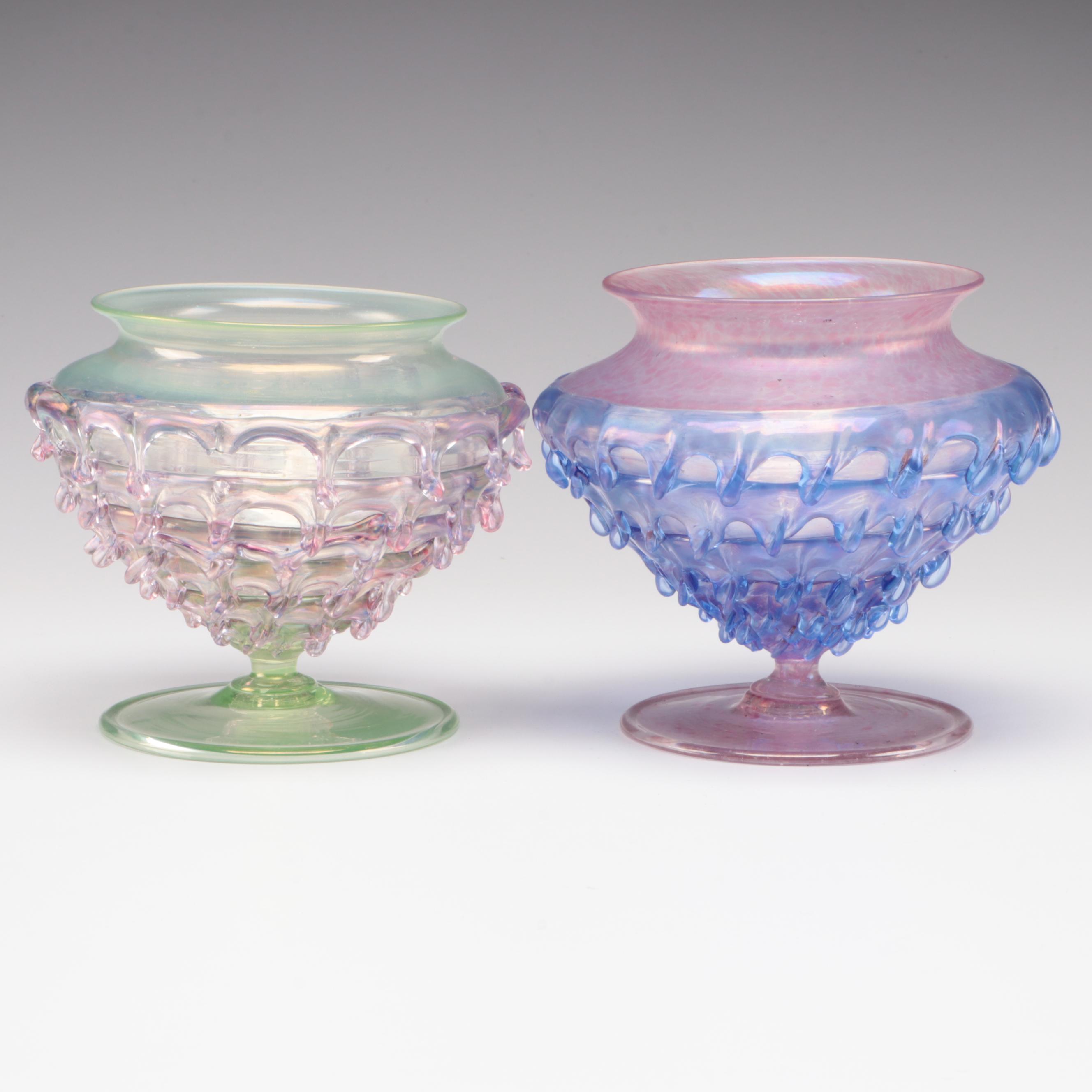 Two Murano Blown Glass Multi-Colored Footed Vases