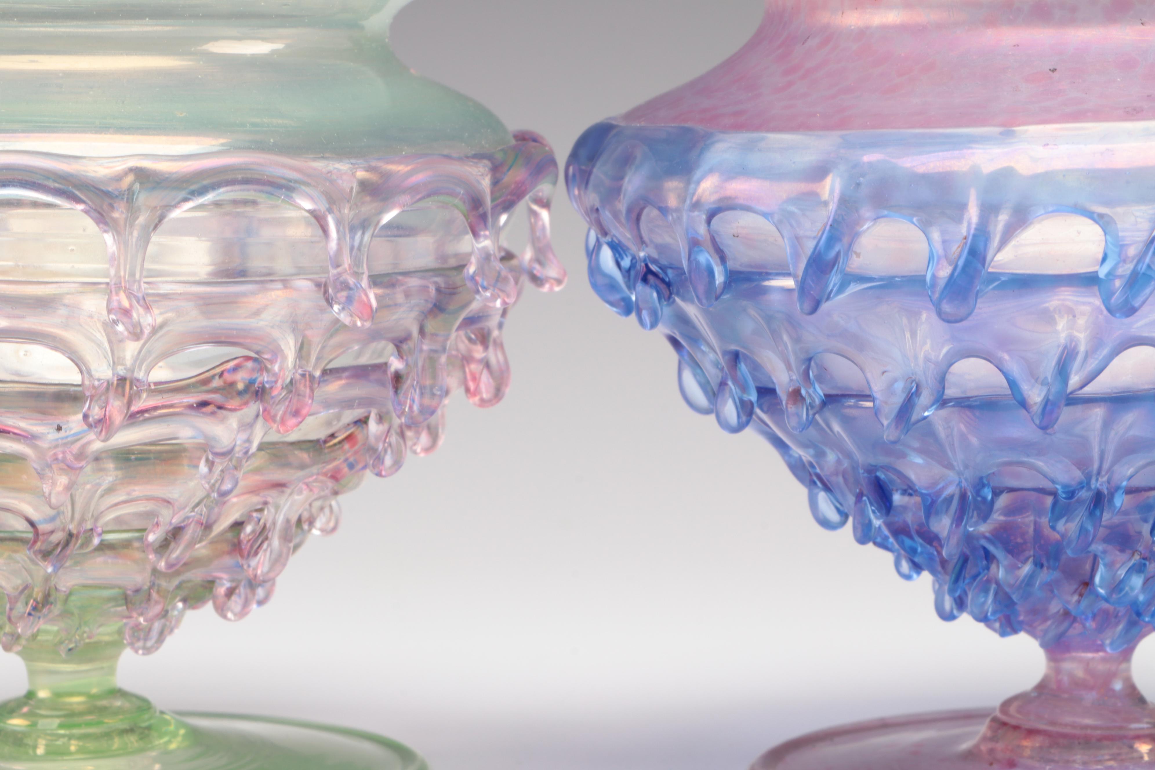 Two Murano Blown Glass Multi-Colored Footed Vases
