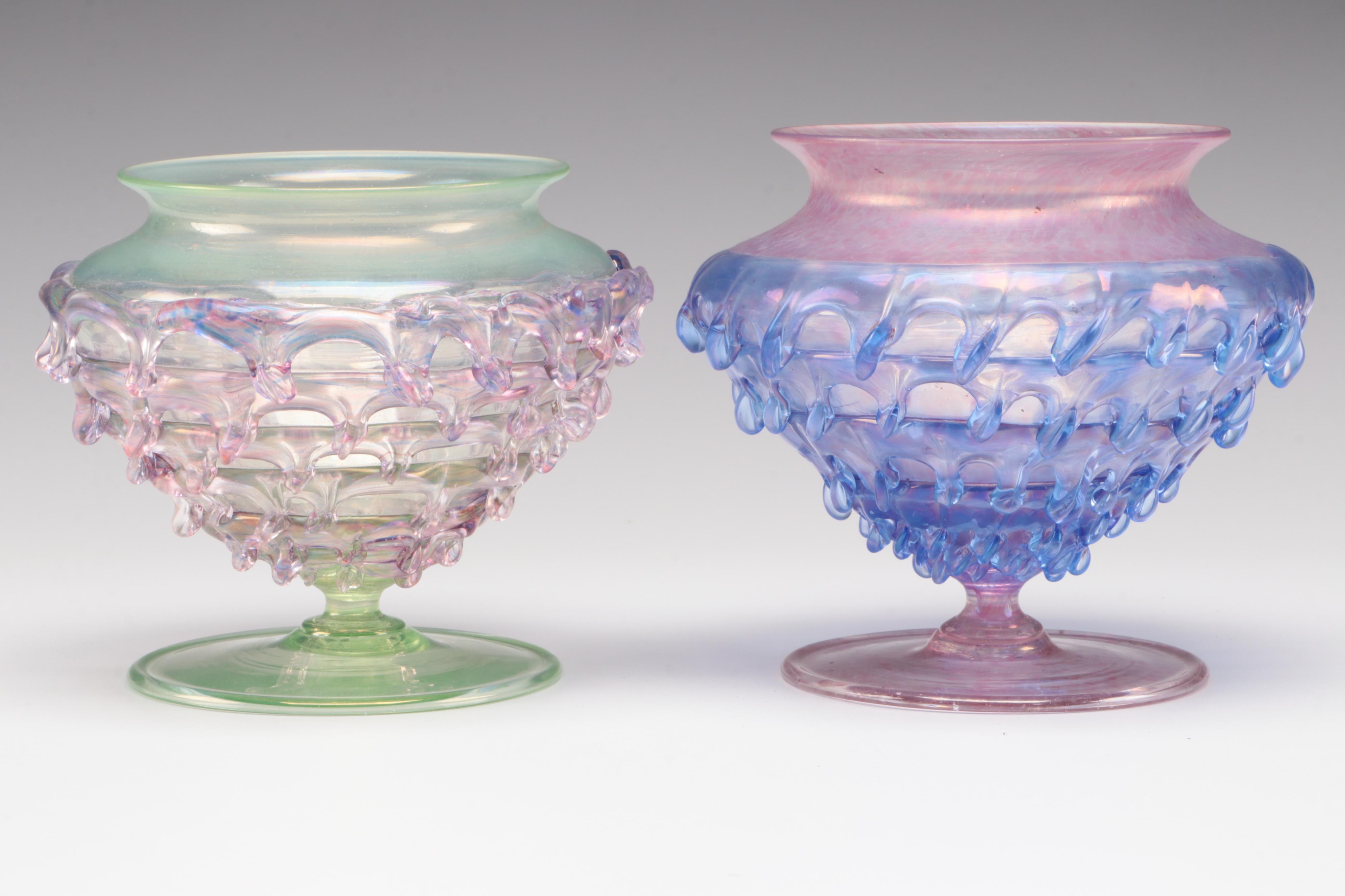 Two Murano Blown Glass Multi-Colored Footed Vases