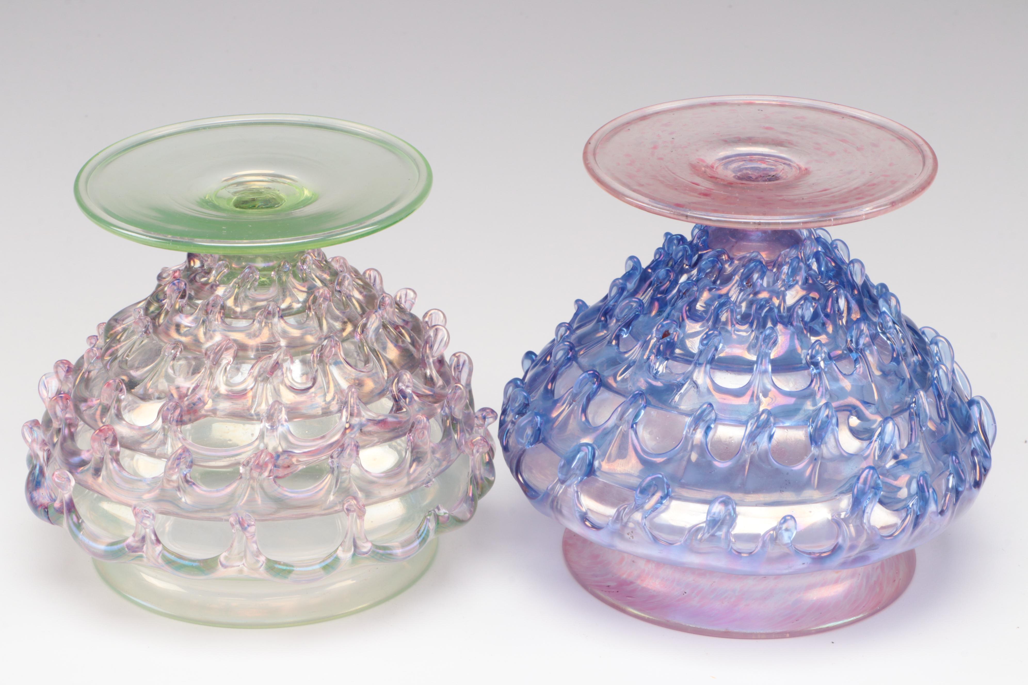 Two Murano Blown Glass Multi-Colored Footed Vases