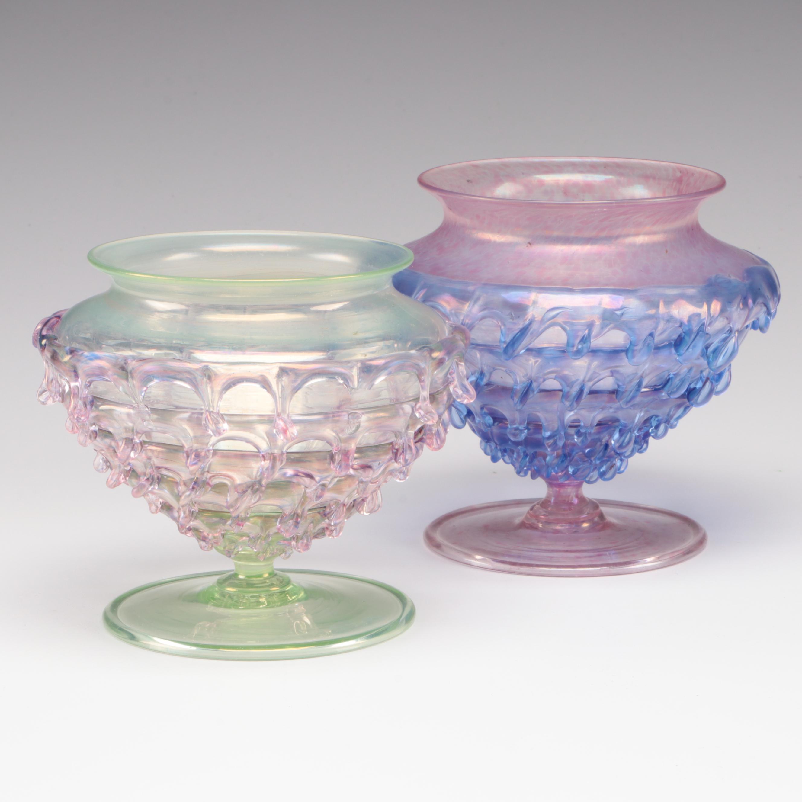 Two Murano Blown Glass Multi-Colored Footed Vases