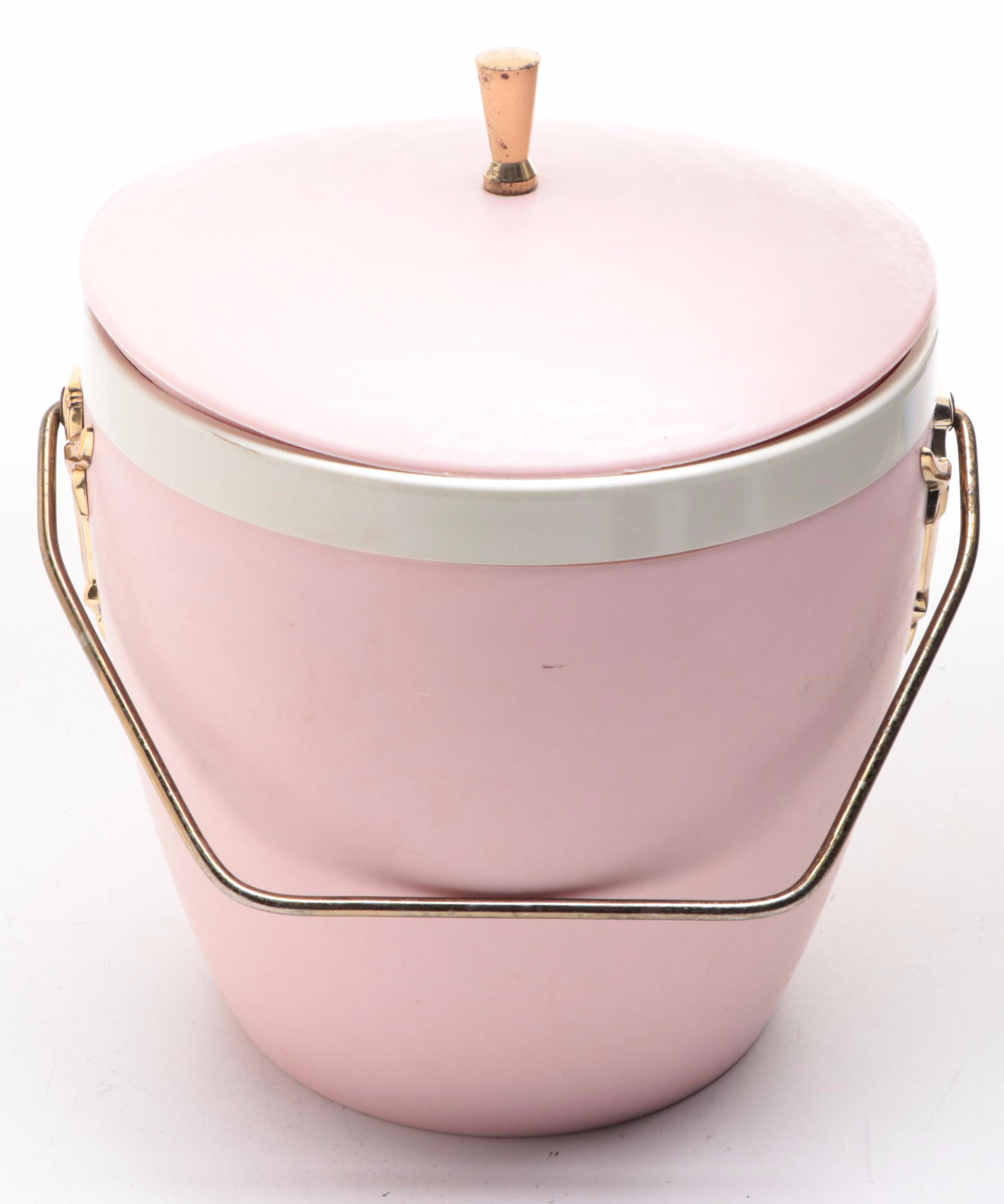 GHS Ware Pink Vinyl Ice Bucket with Silver Plate Tongs, Mid to Late 20th Century