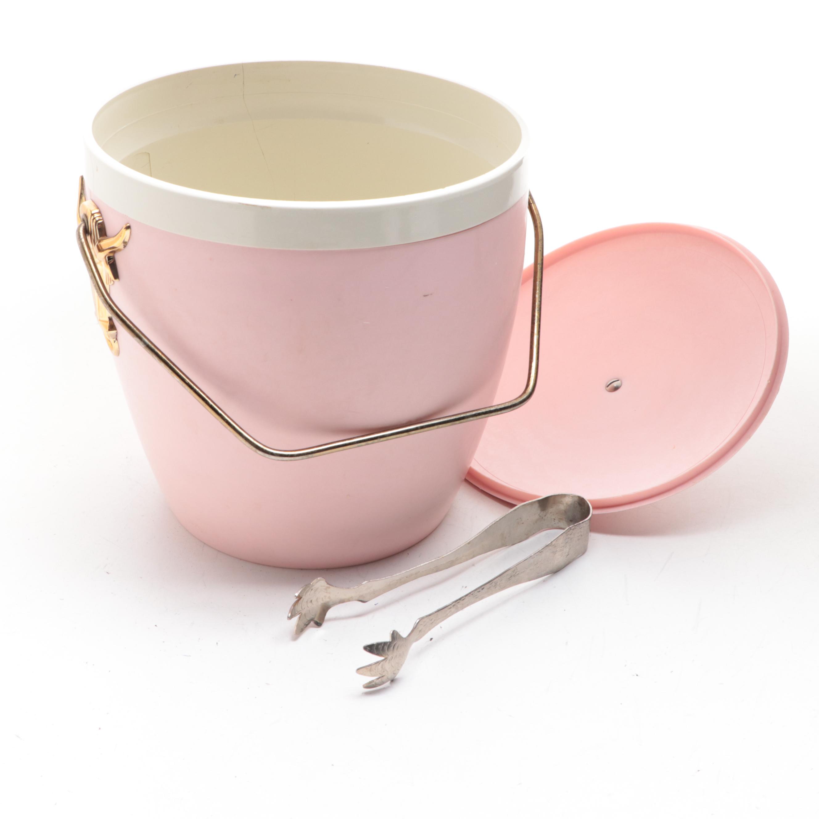 GHS Ware Pink Vinyl Ice Bucket with Silver Plate Tongs, Mid to Late 20th Century