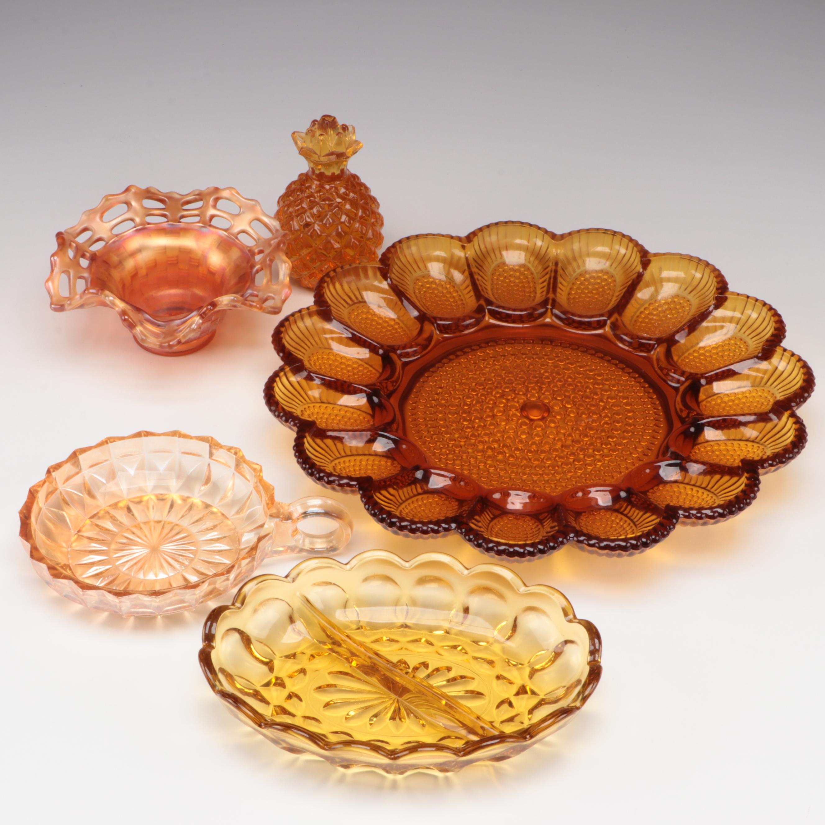 Fenton Open Edge Basket Weave Carnival Glass Bowl and Other Tableware