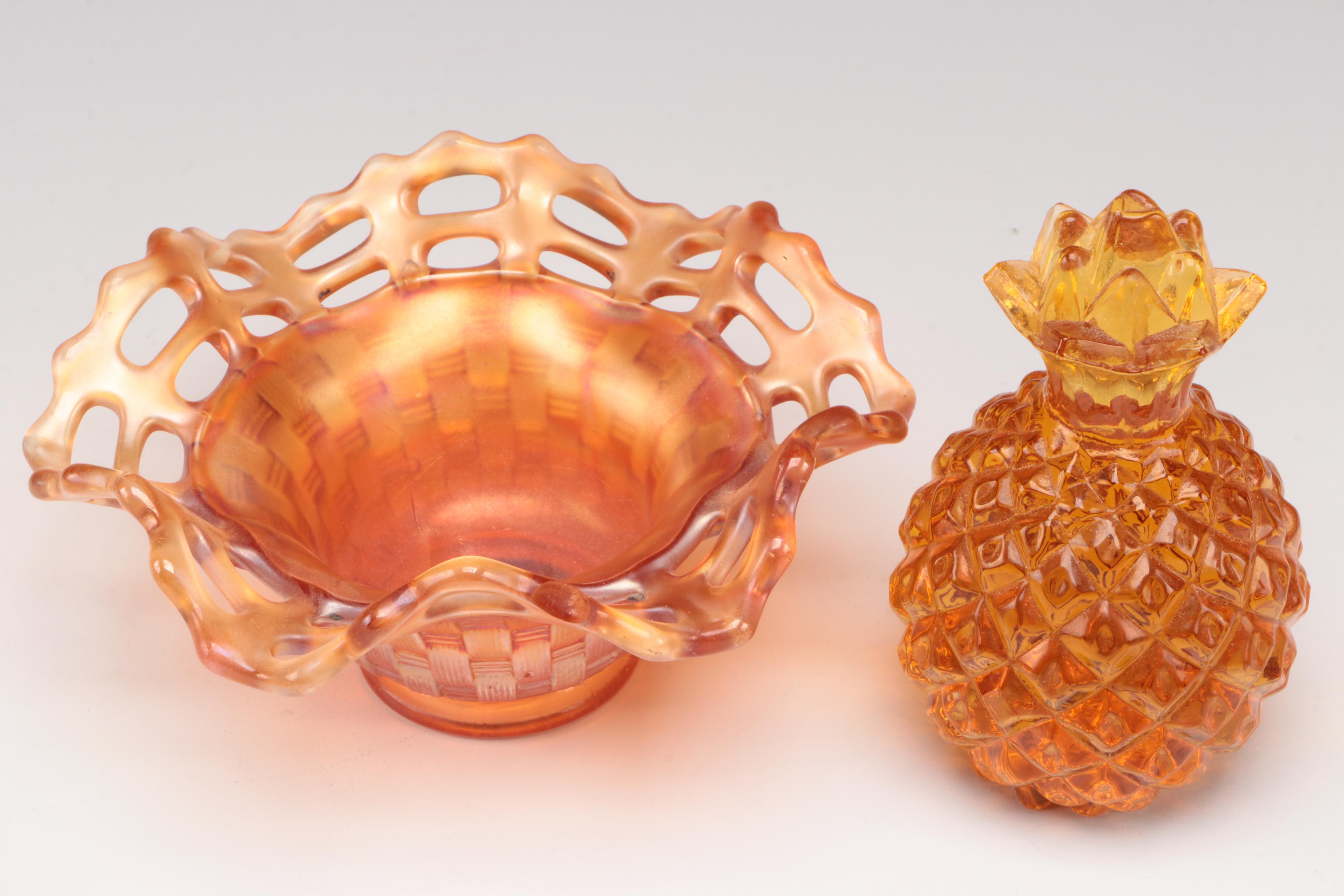 Fenton Open Edge Basket Weave Carnival Glass Bowl and Other Tableware