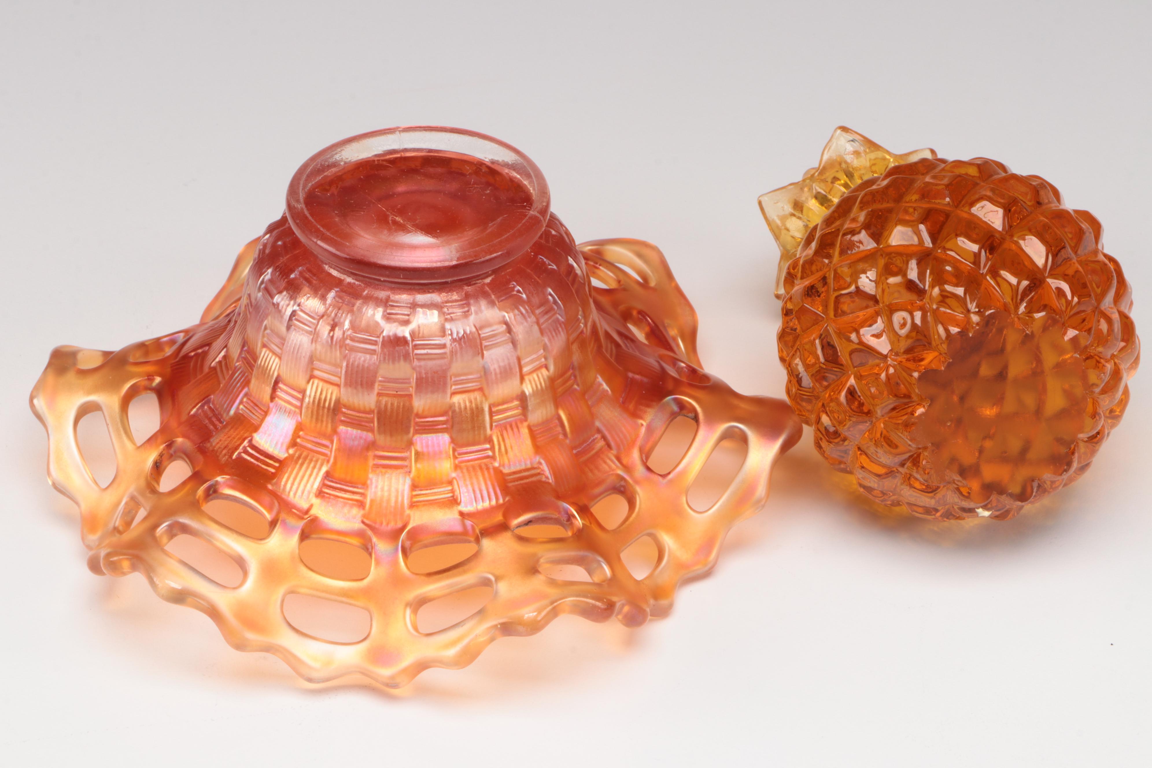 Fenton Open Edge Basket Weave Carnival Glass Bowl and Other Tableware