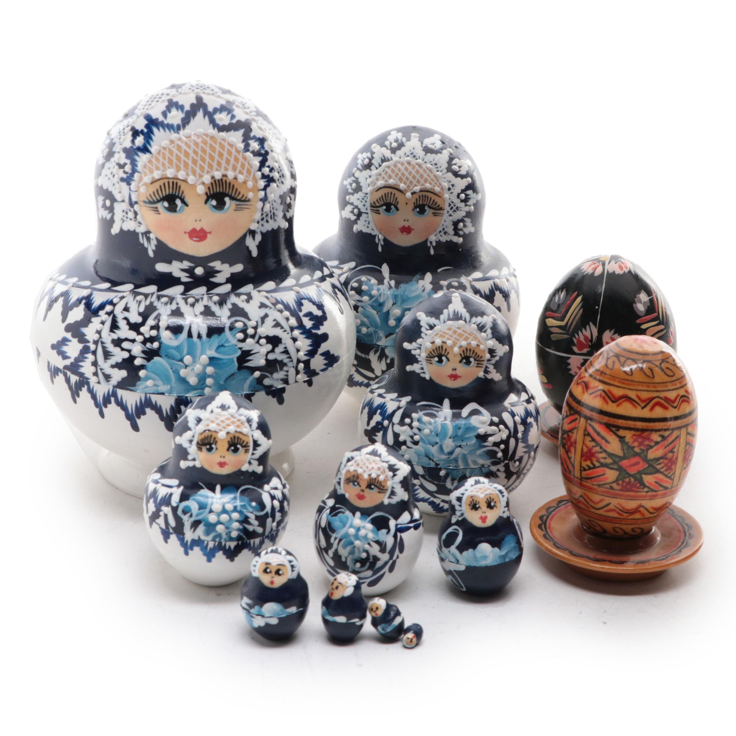 Russian Matryoshka Dolls with Other Eastern European Wooden Folk Art Eggs