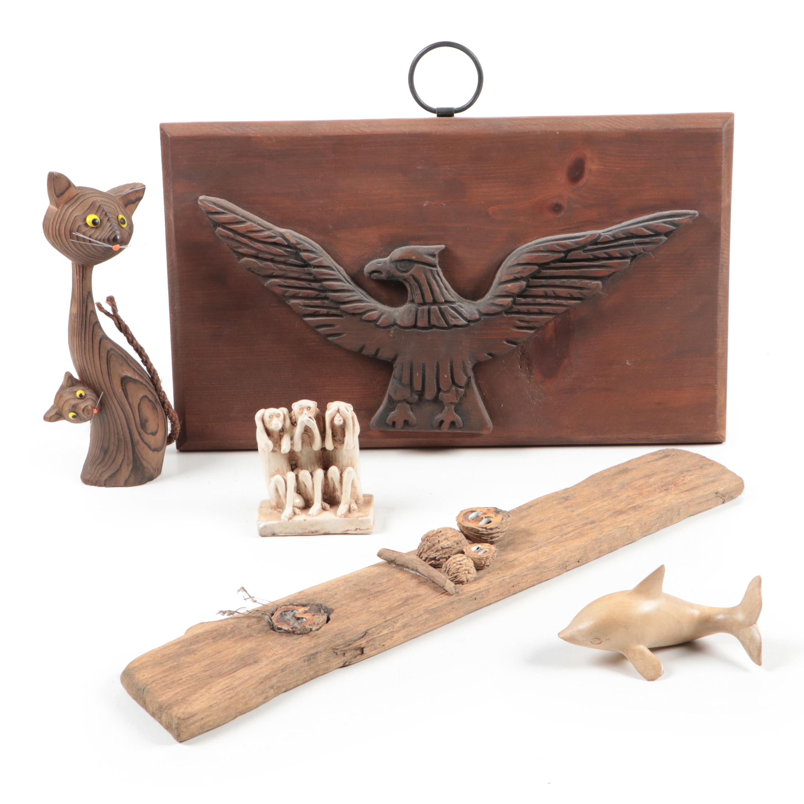 Hand-Carved Eagle Wall Hanging, Wony Mod Cats,  Resin and Wood Figurines