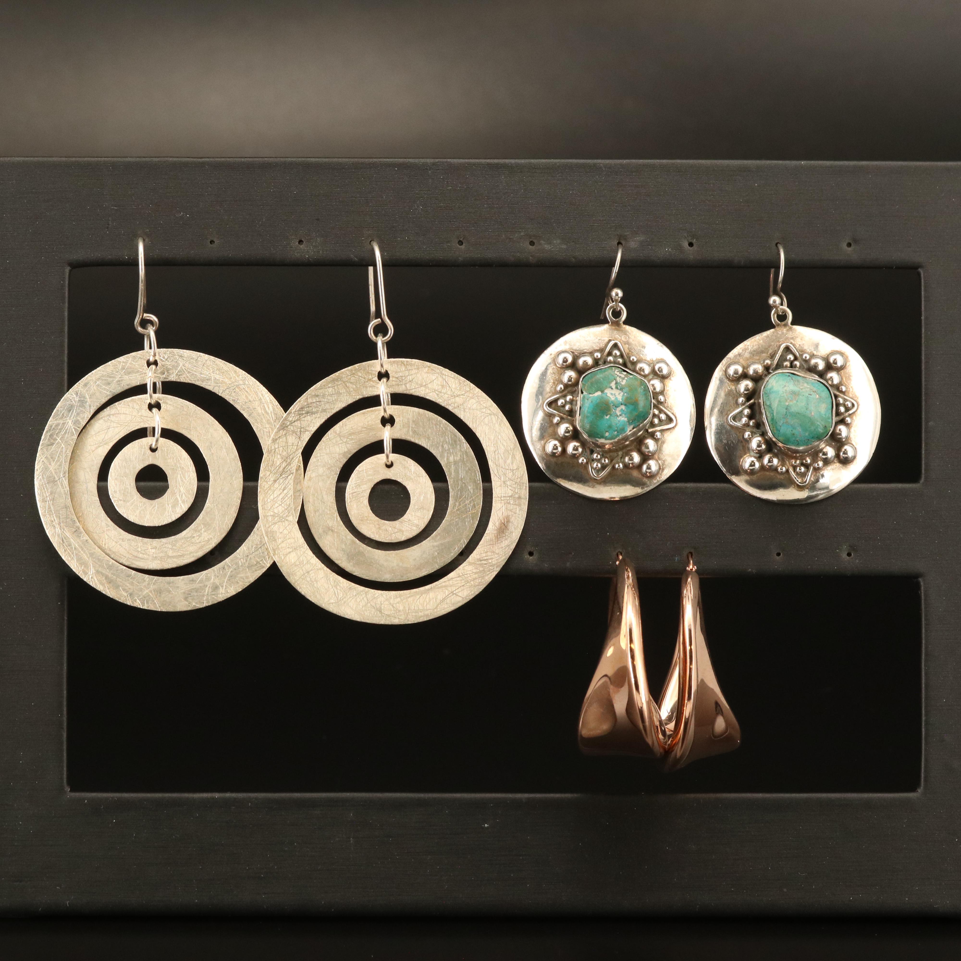 Sterling and Bronze Hoop and Concentric Earrings with Turquoise