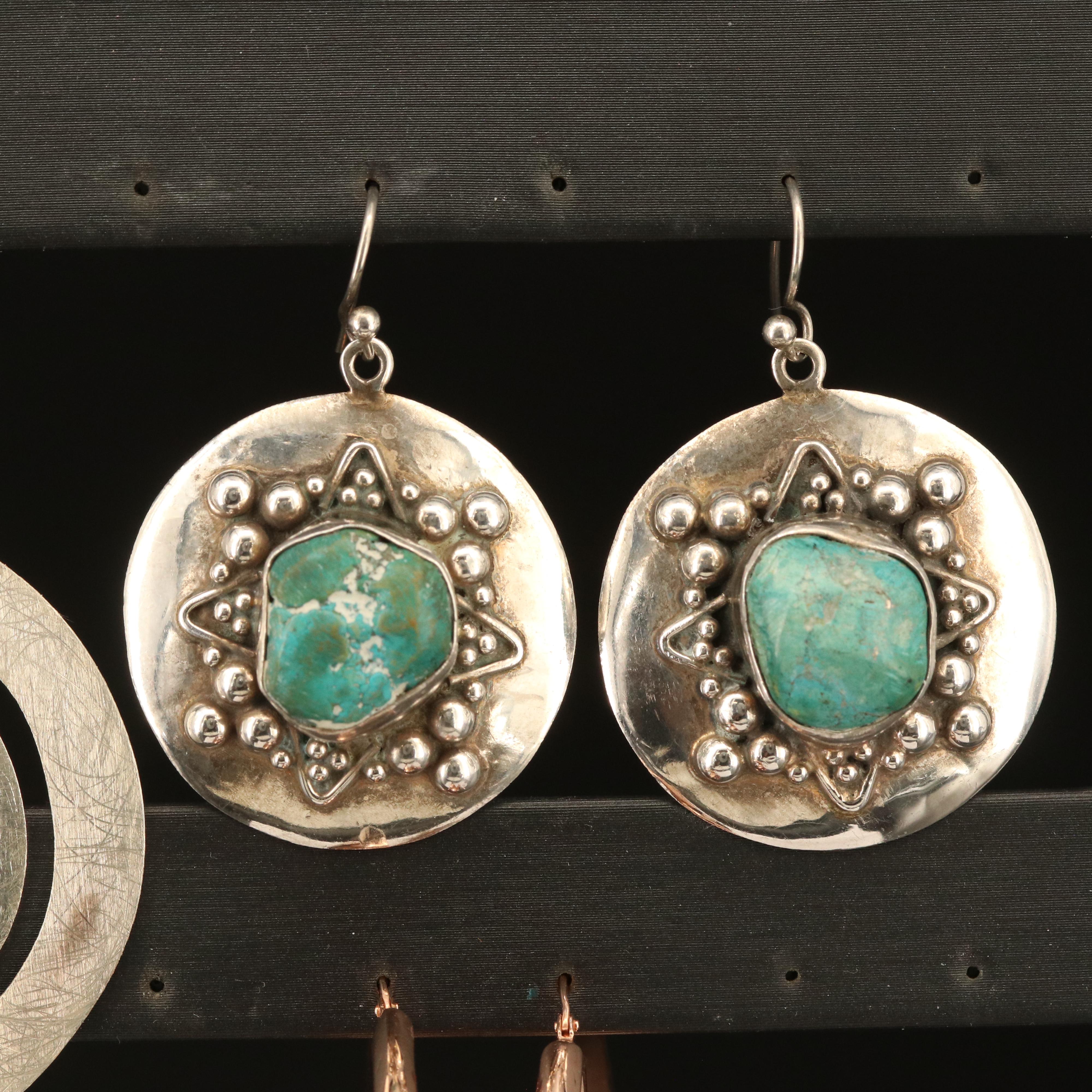 Sterling and Bronze Hoop and Concentric Earrings with Turquoise