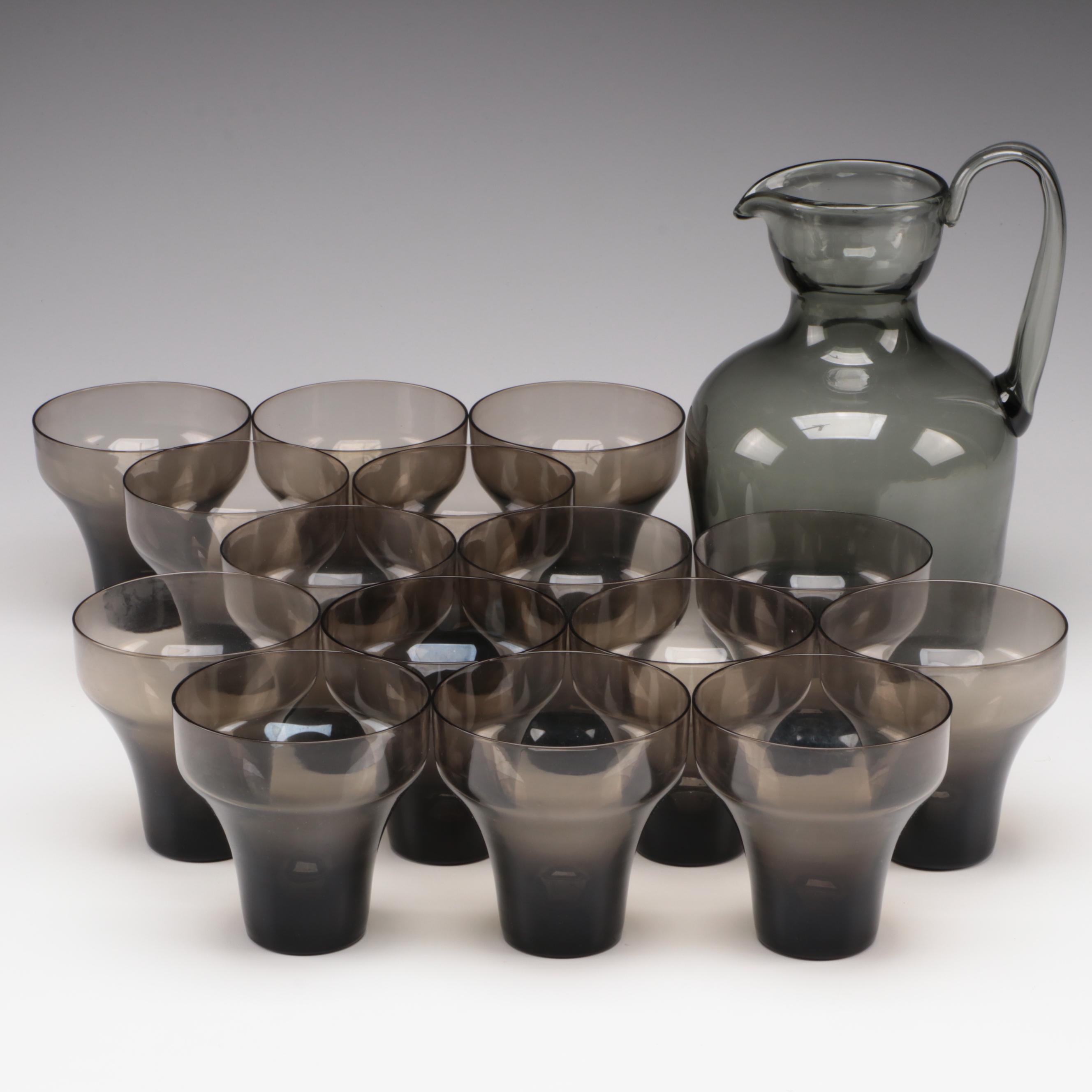 Mid Century Modern Blown Smoke Glass Cocktail Glasses and Pitcher