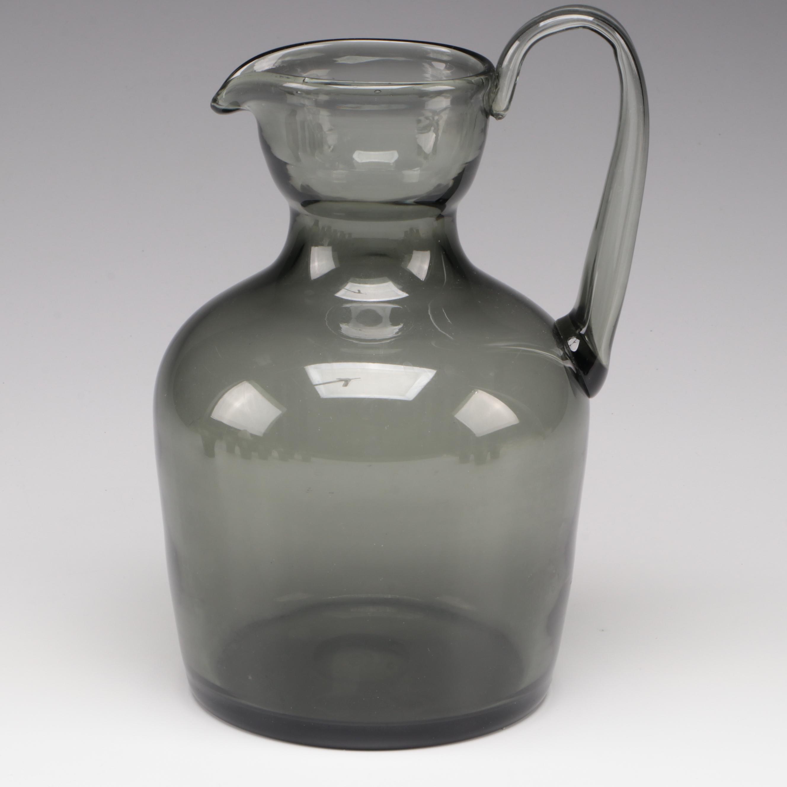 Mid Century Modern Blown Smoke Glass Cocktail Glasses and Pitcher