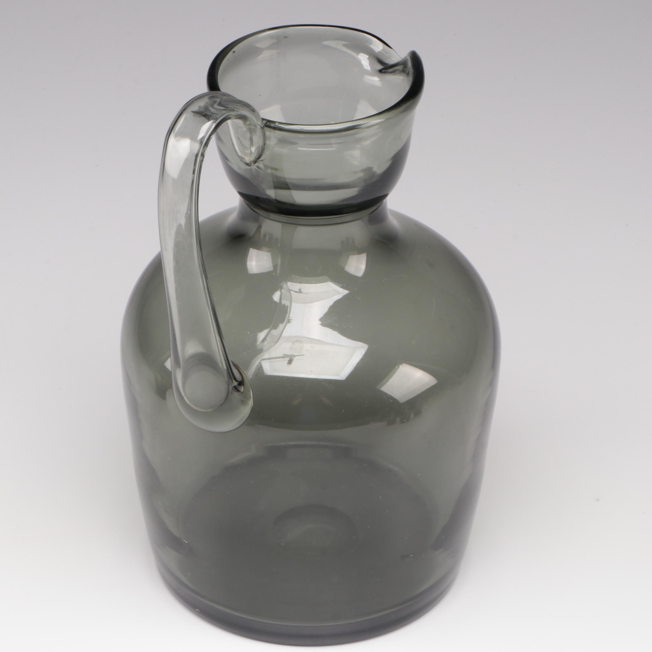 Mid Century Modern Blown Smoke Glass Cocktail Glasses and Pitcher