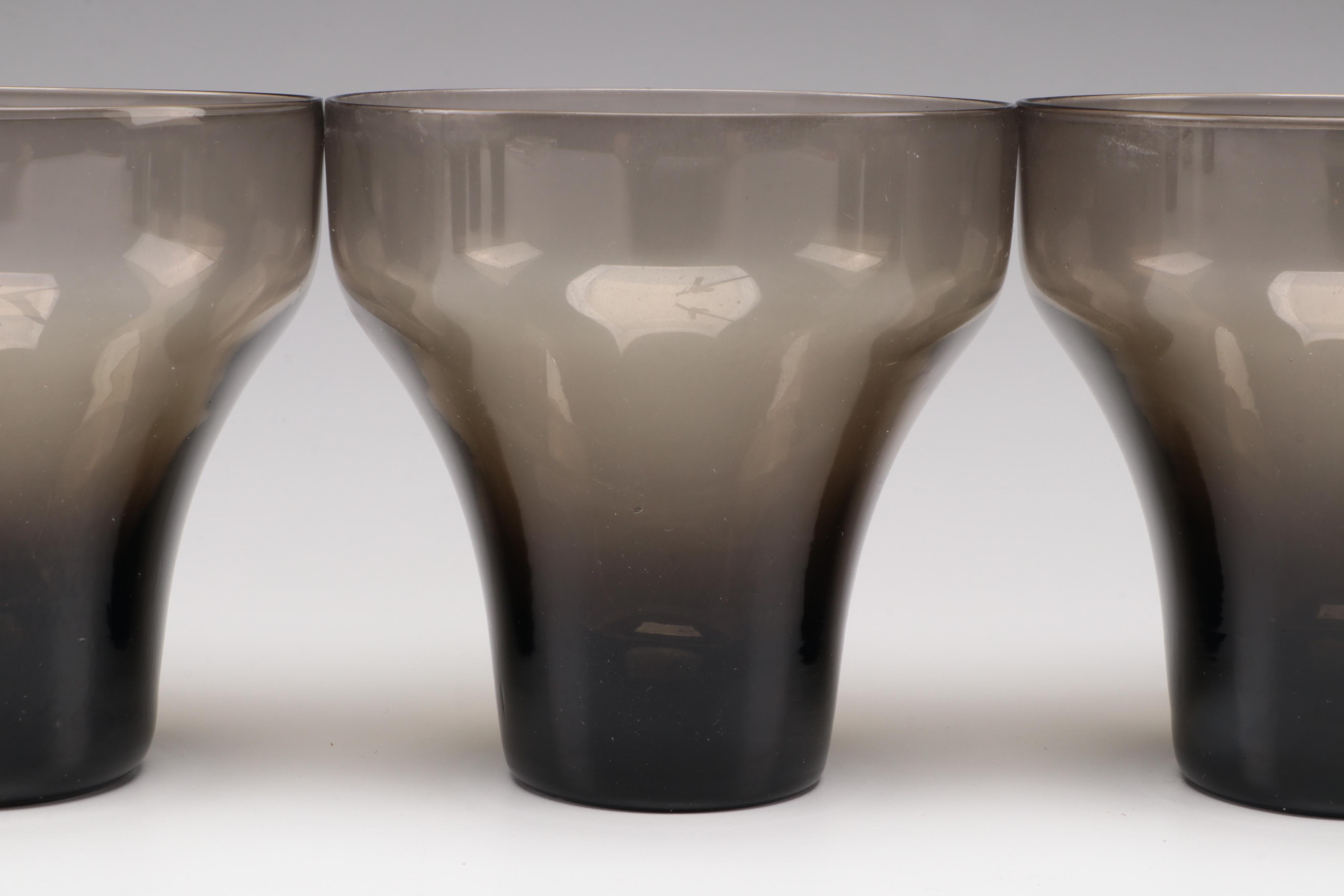 Mid Century Modern Blown Smoke Glass Cocktail Glasses and Pitcher