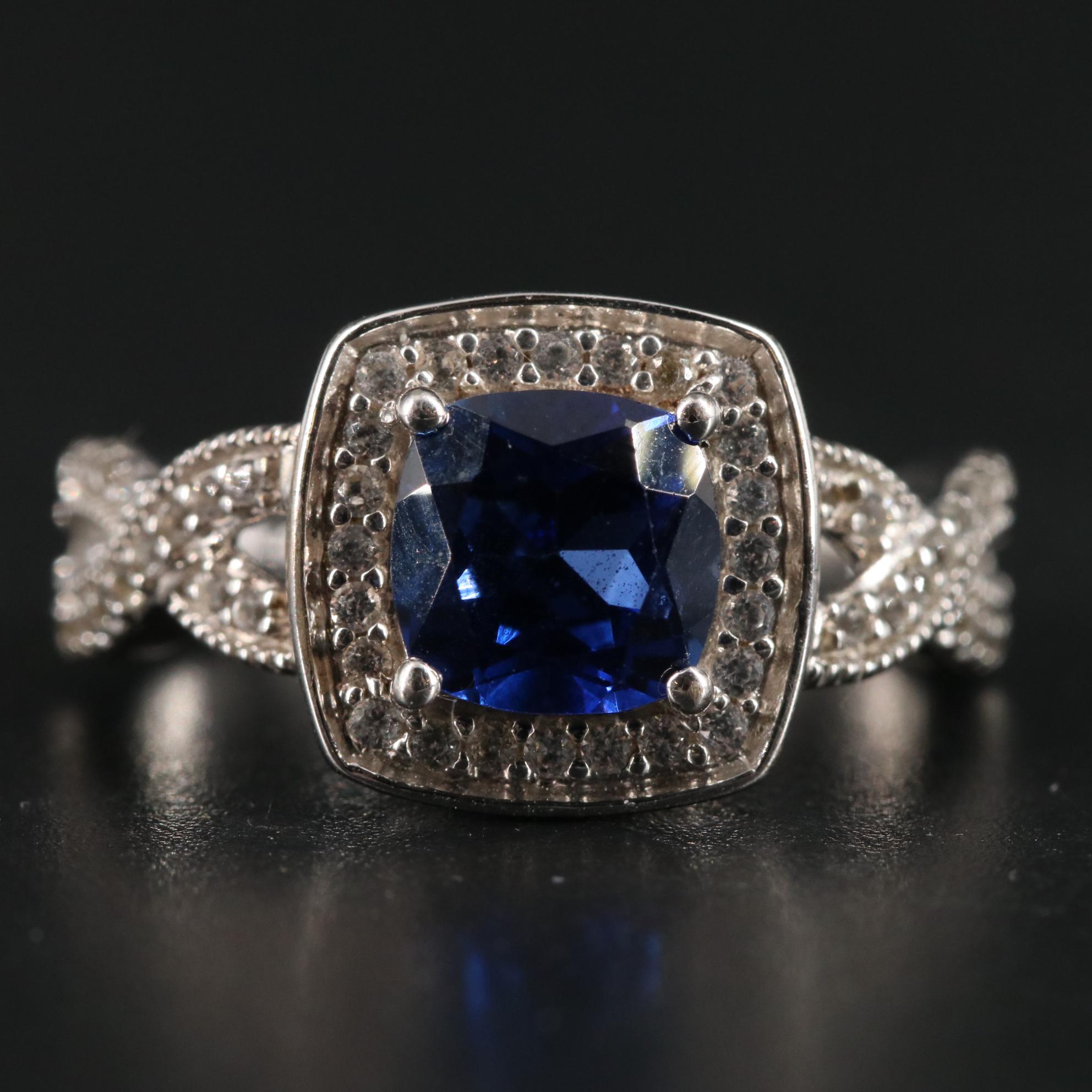 Sterling and Sapphire Halo Ring