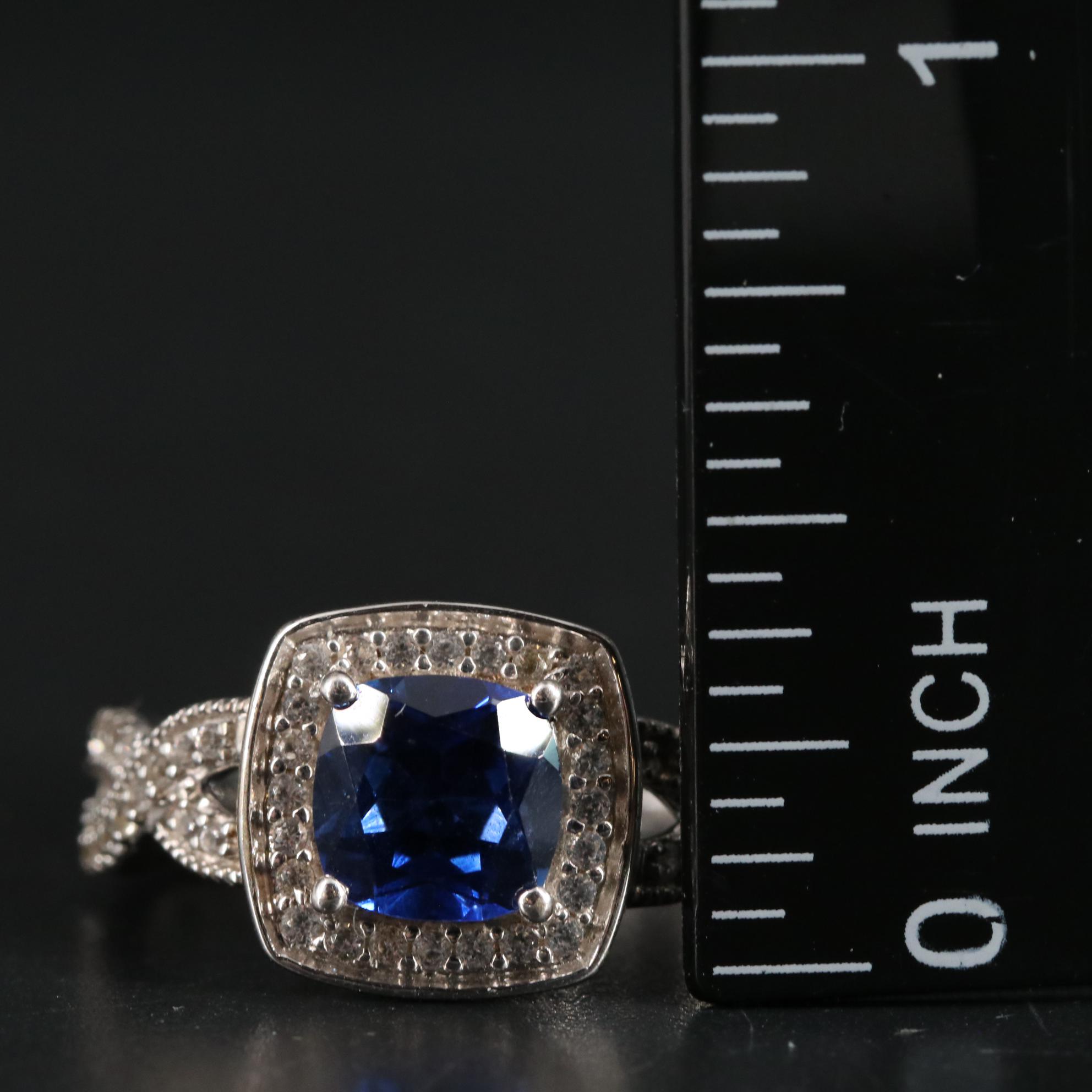 Sterling and Sapphire Halo Ring