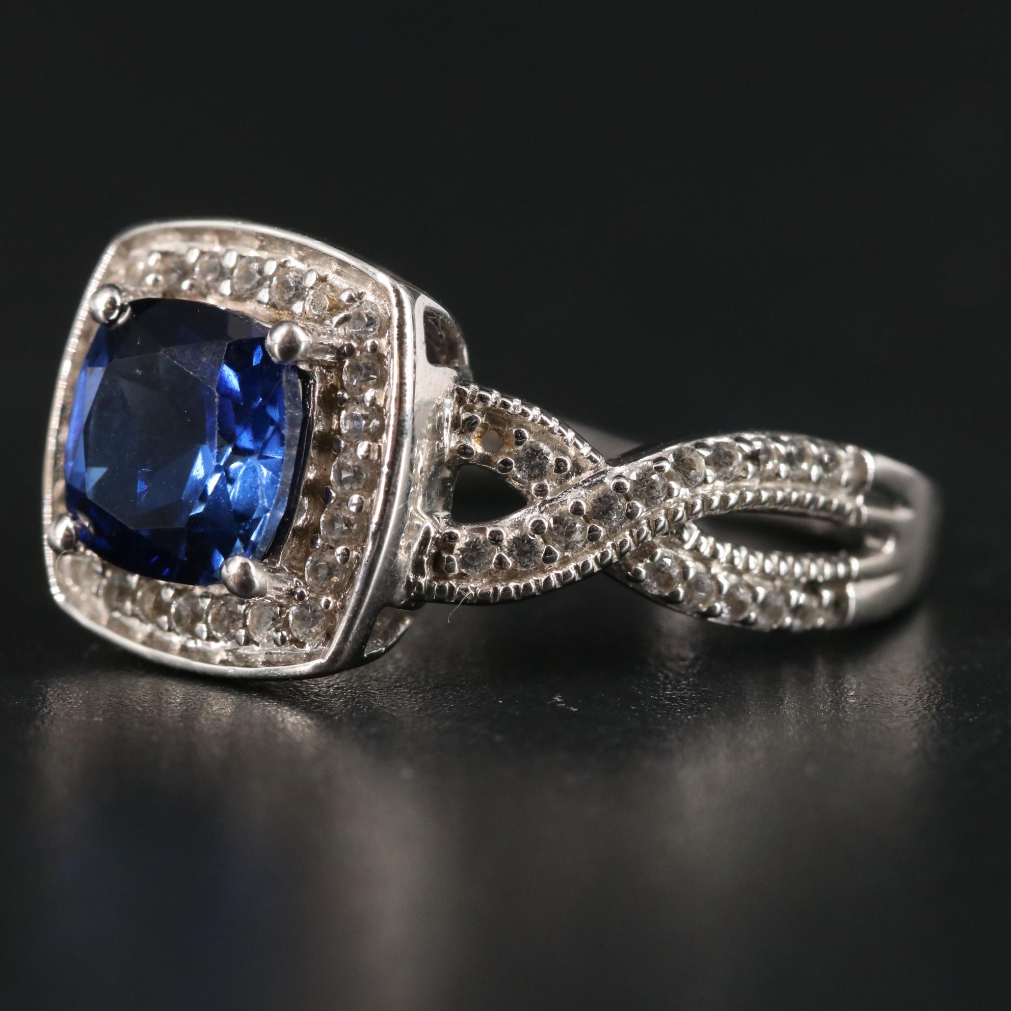 Sterling and Sapphire Halo Ring