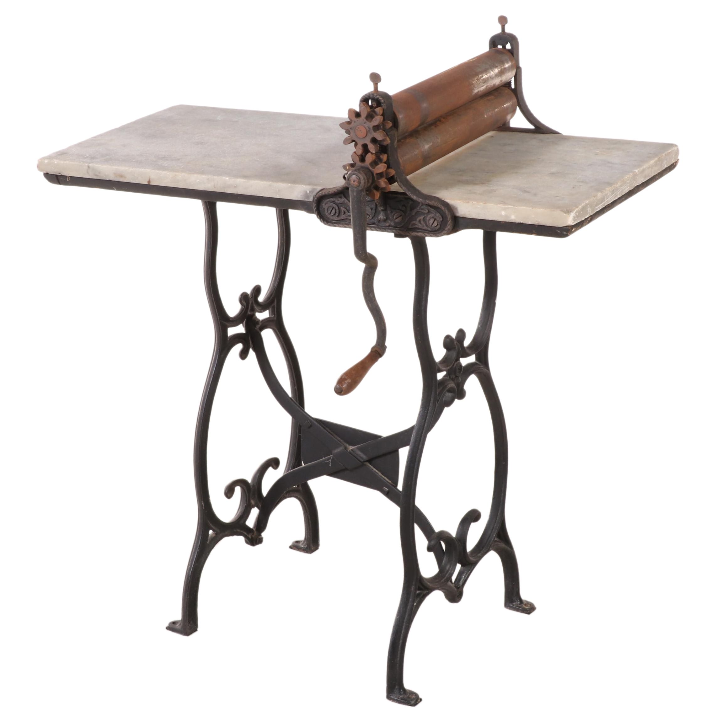 J.A. DeMuth Mfg. Co. Cast Iron and Marble Top Beatin Biscuit Machine, pat. 1898