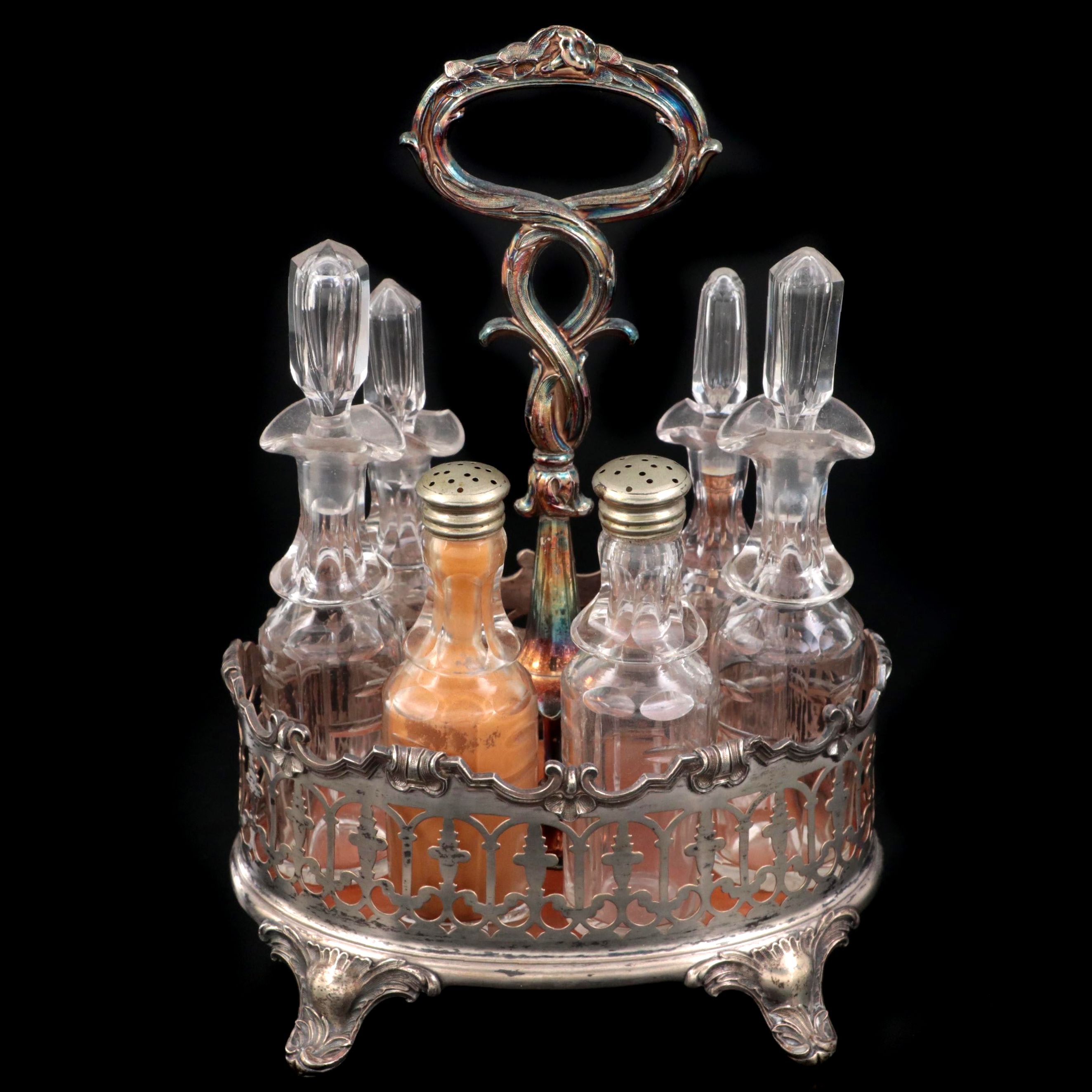 English Victorian Silver Plate Cruet Caddy with with Cut Glass Bottles