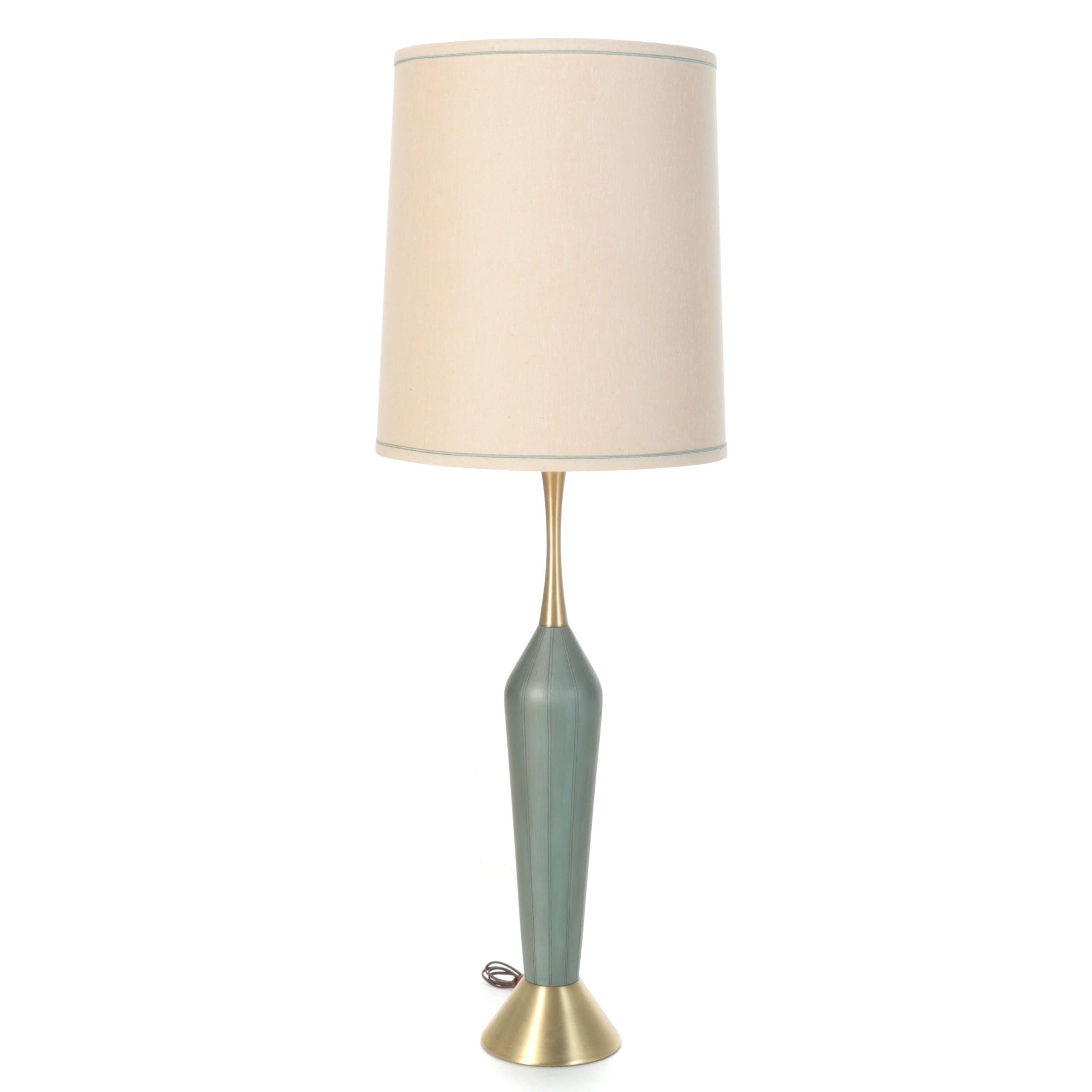 MCM Brushed Brass and Green Finish Table Lamp With Drum Shade, Mid-20th C