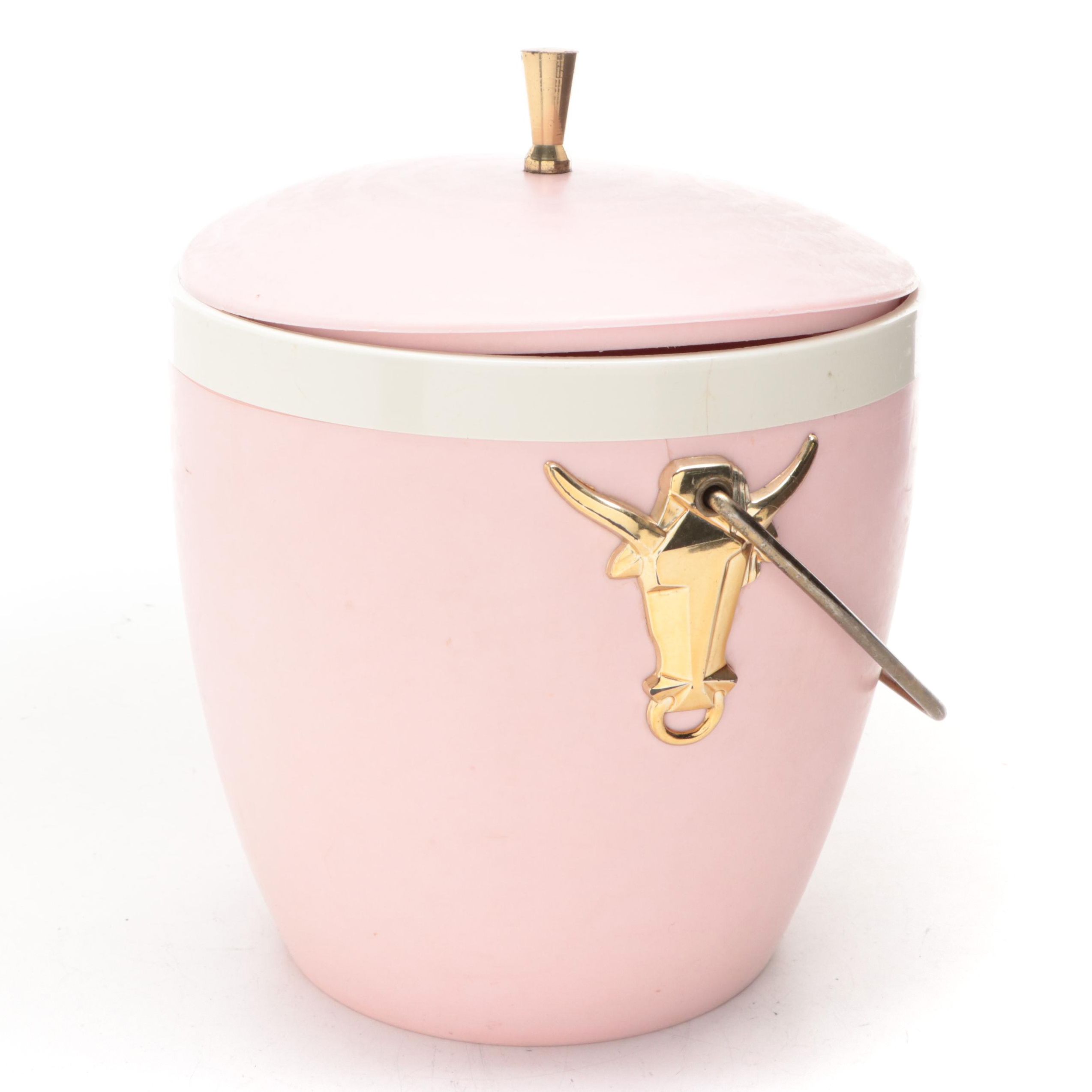 GHS Ware Pink Vinyl Ice Bucket with Silver Plate Tongs, Mid to Late 20th Century