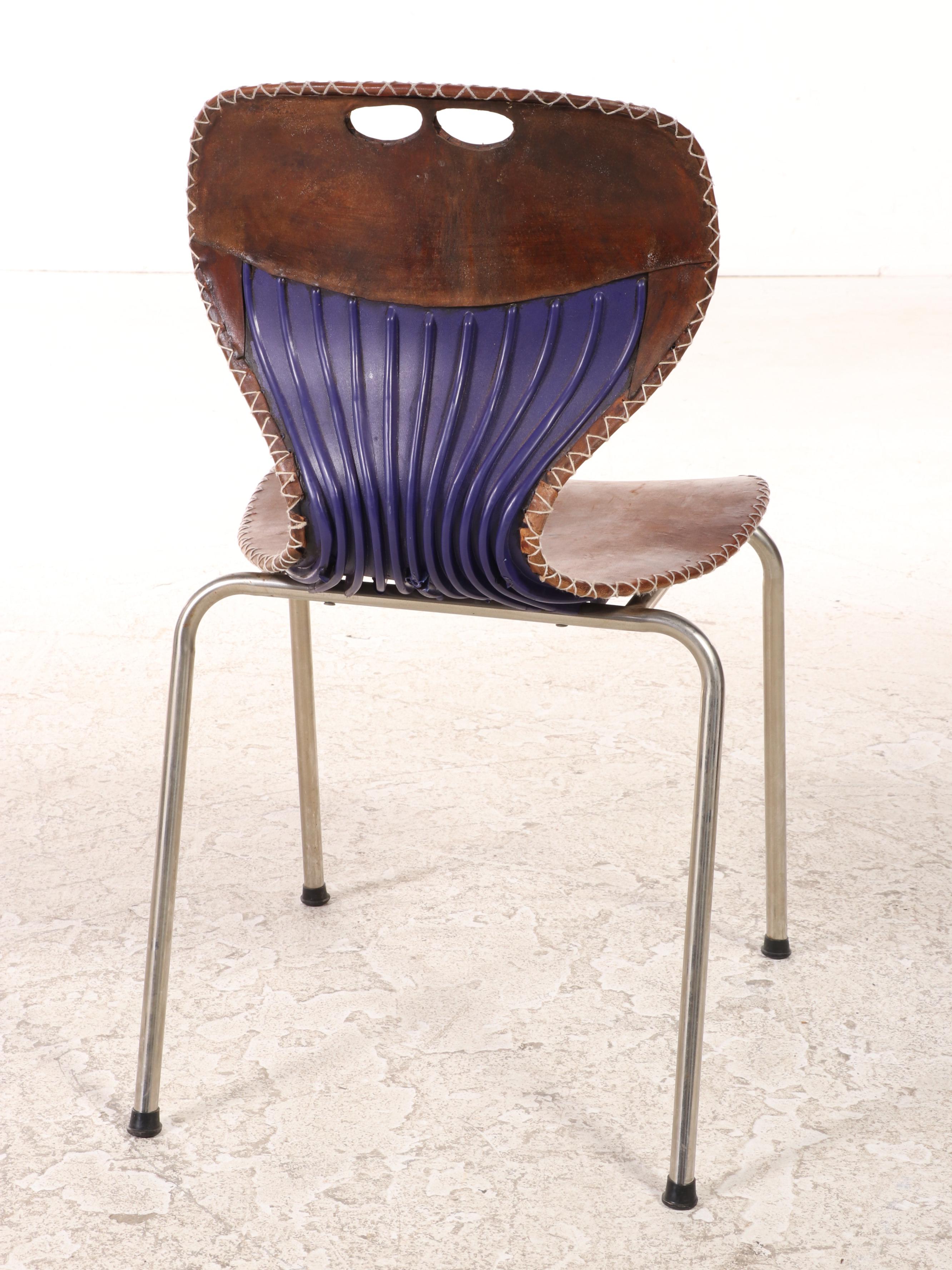 Three Modernist Tubular Metal, Molded Plastic and Leather Stacking Chairs