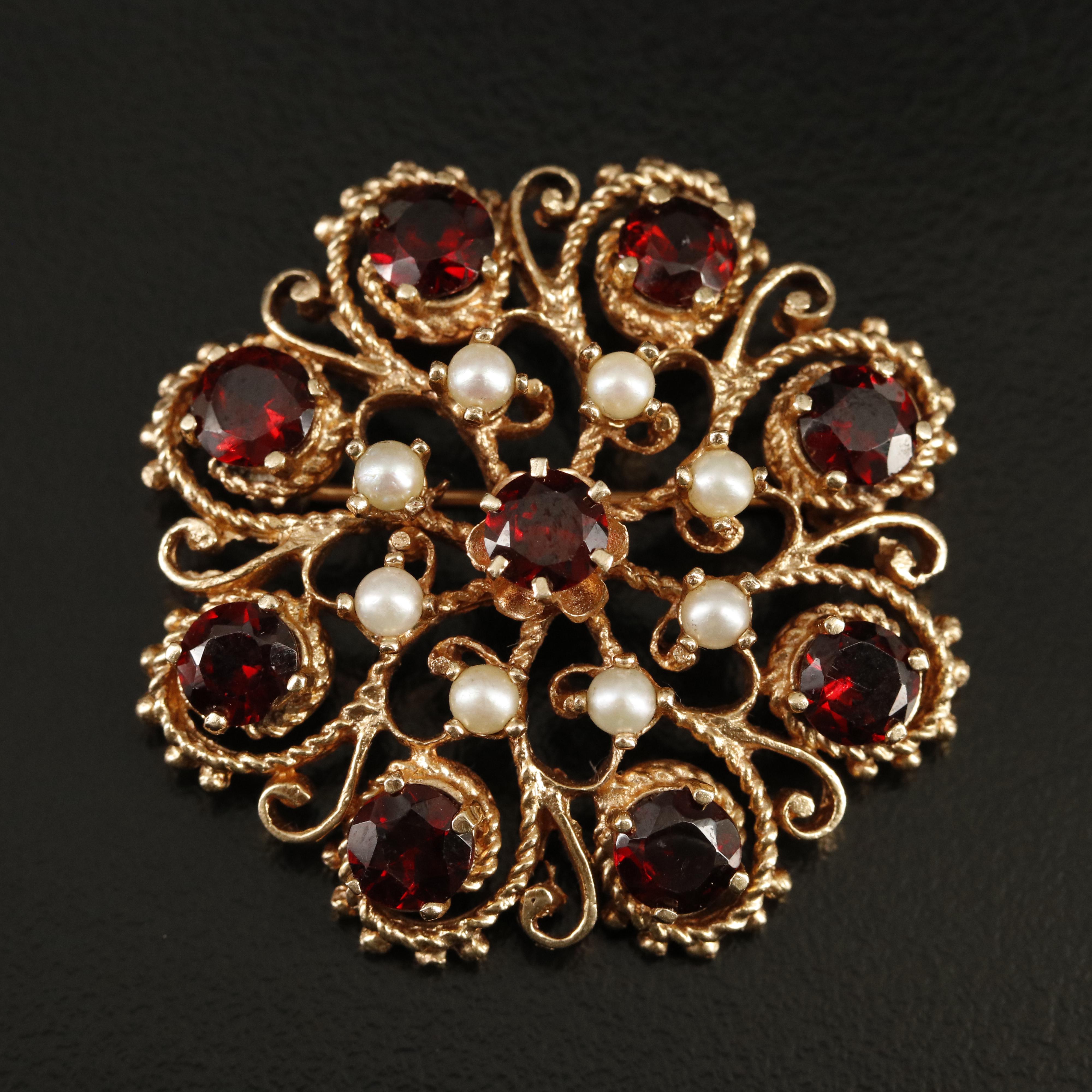 14K Garnet and Pearl Scrollwork Brooch