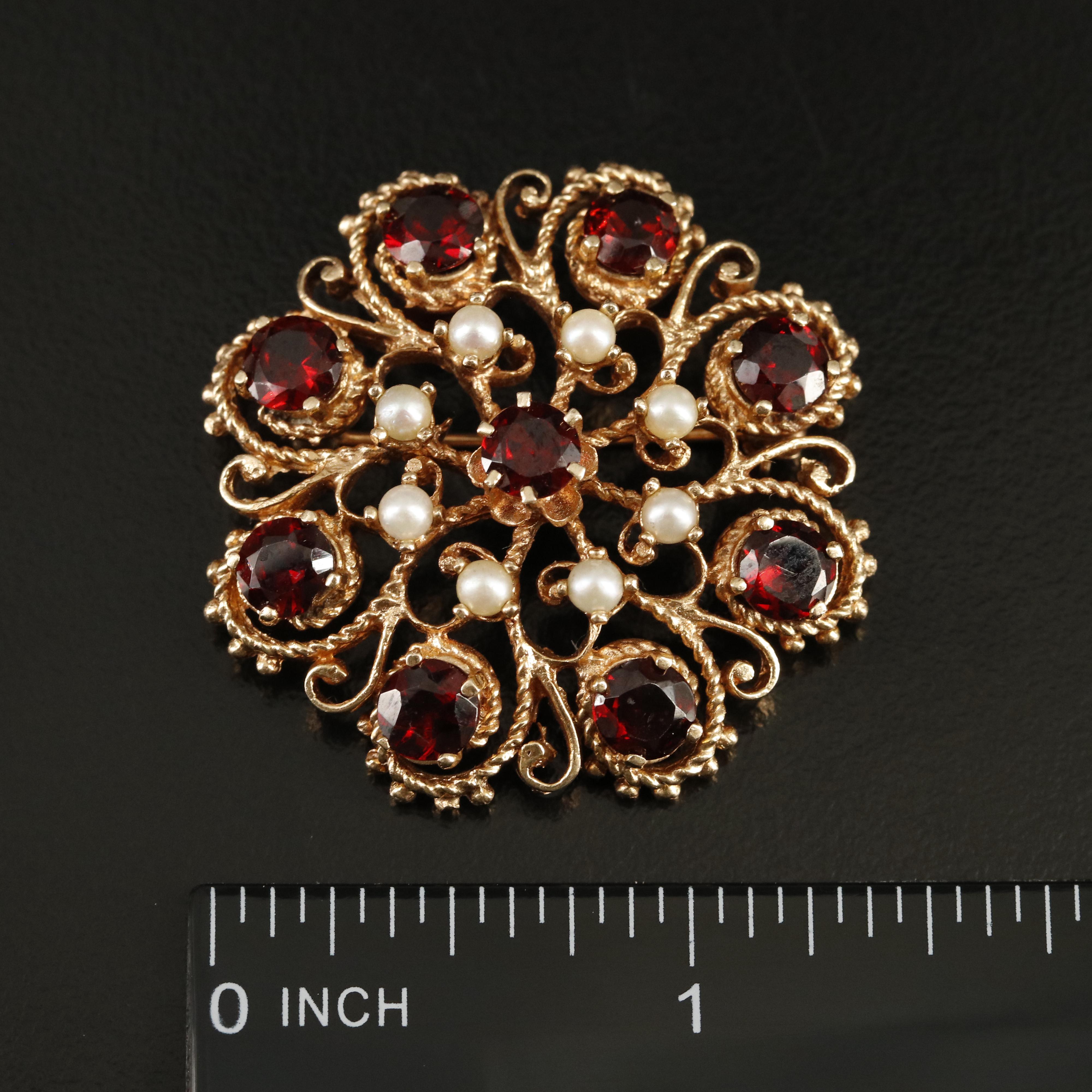14K Garnet and Pearl Scrollwork Brooch