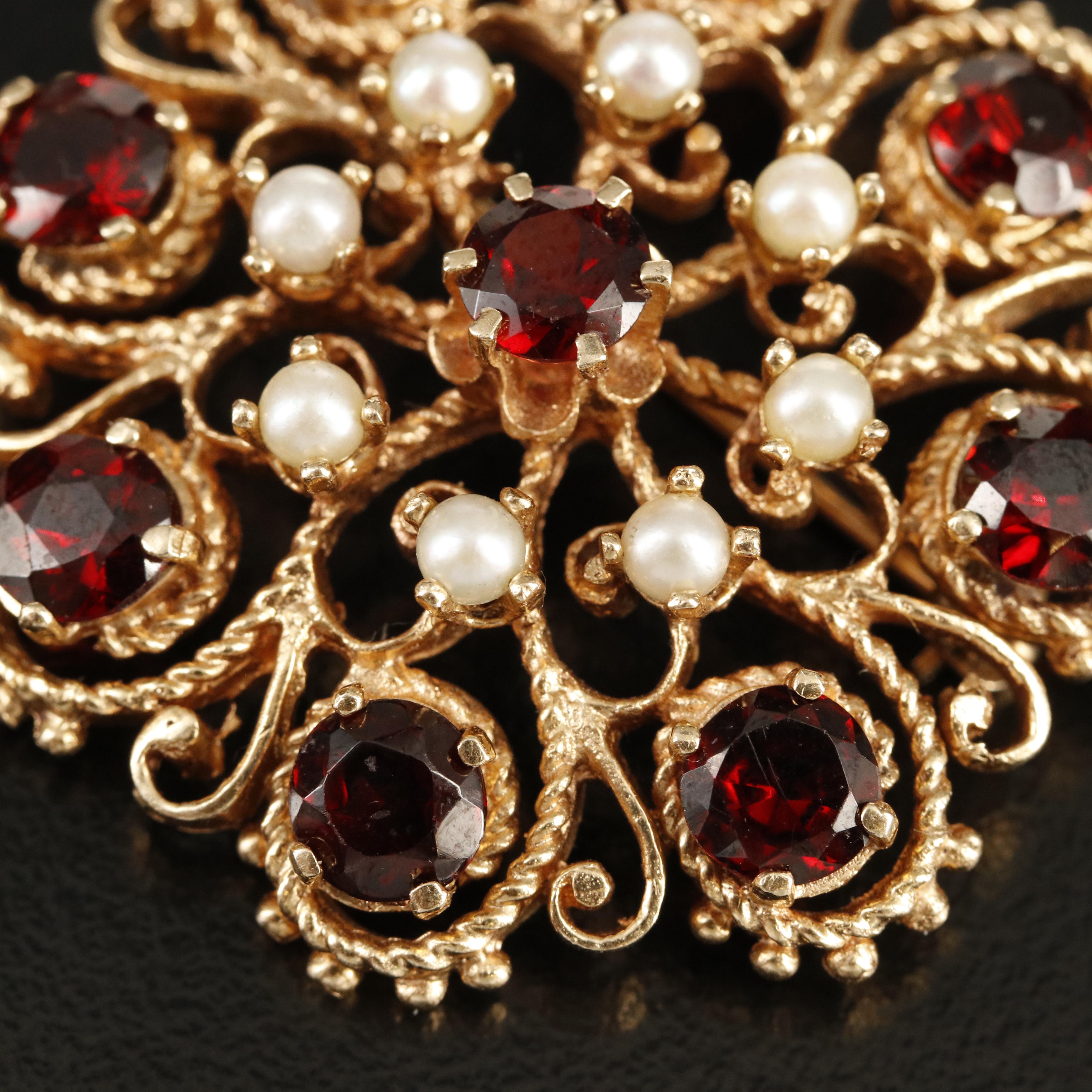 14K Garnet and Pearl Scrollwork Brooch