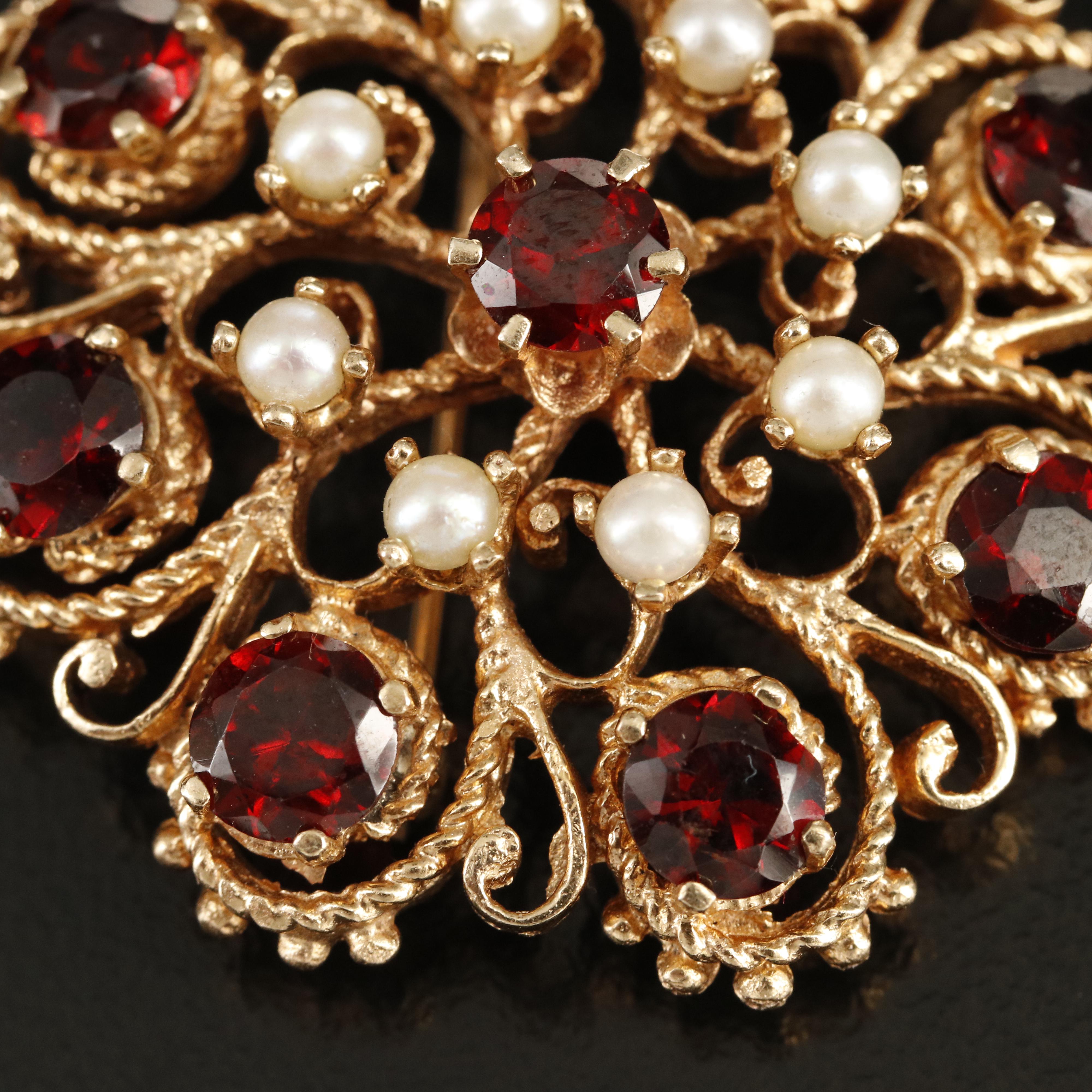 14K Garnet and Pearl Scrollwork Brooch