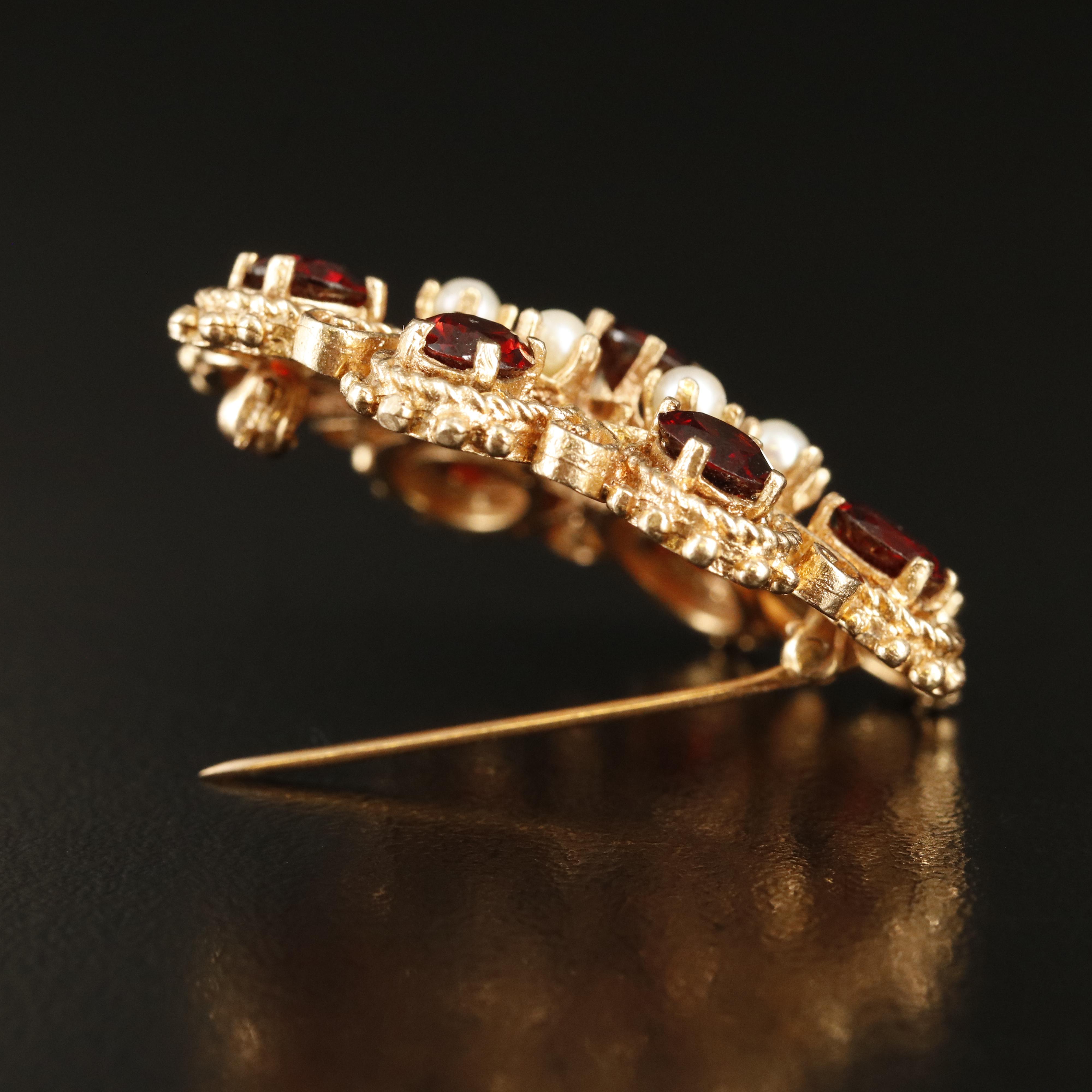 14K Garnet and Pearl Scrollwork Brooch