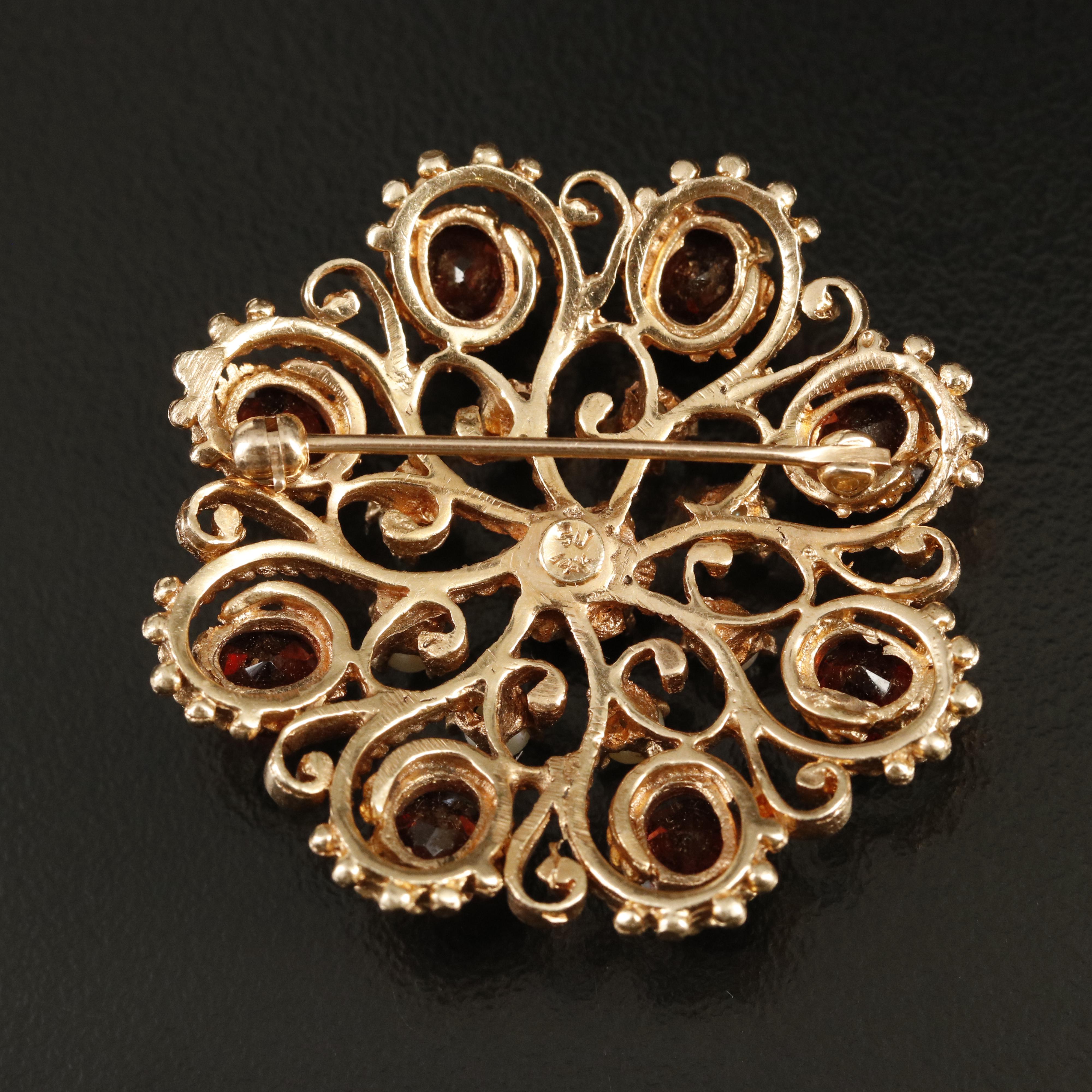 14K Garnet and Pearl Scrollwork Brooch