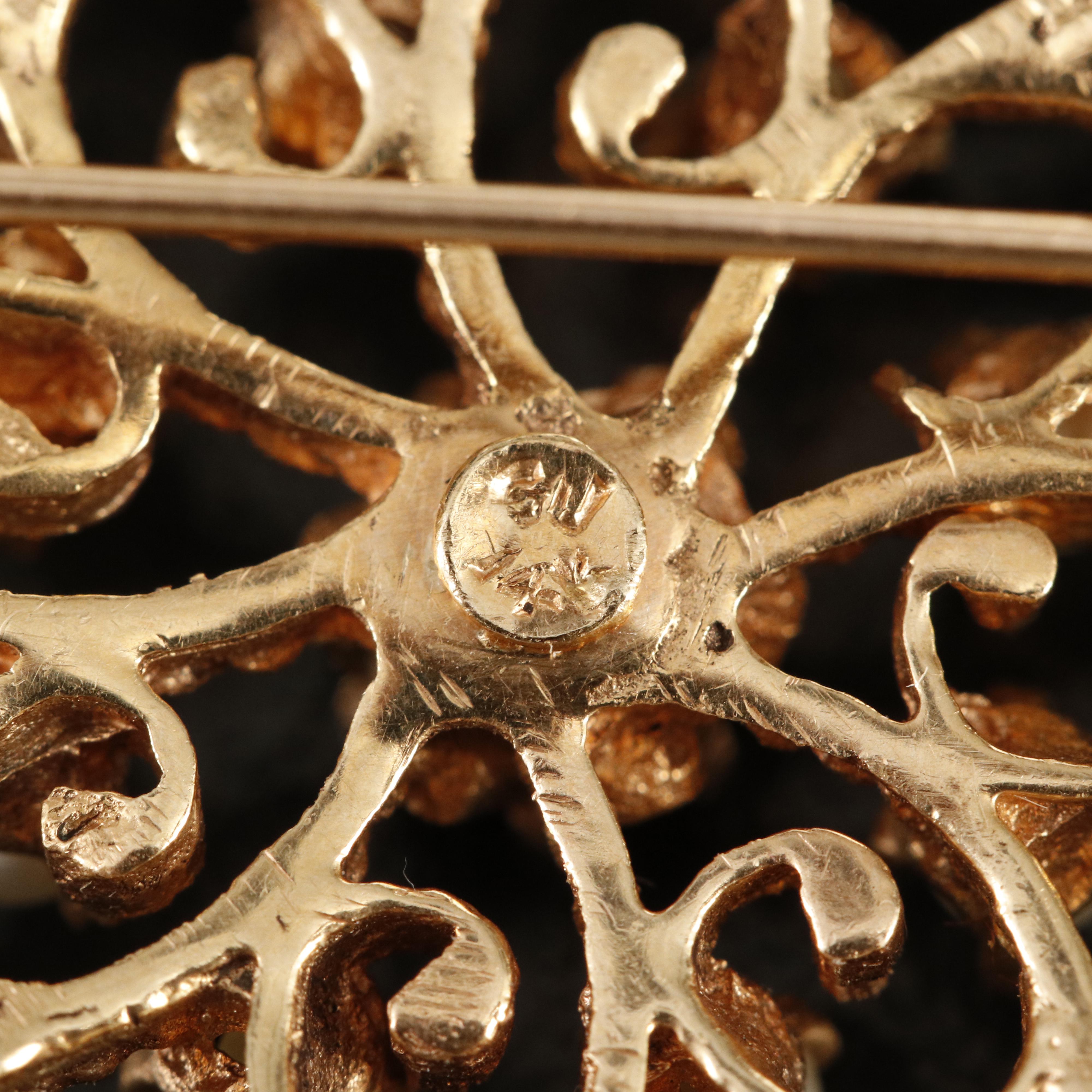 14K Garnet and Pearl Scrollwork Brooch