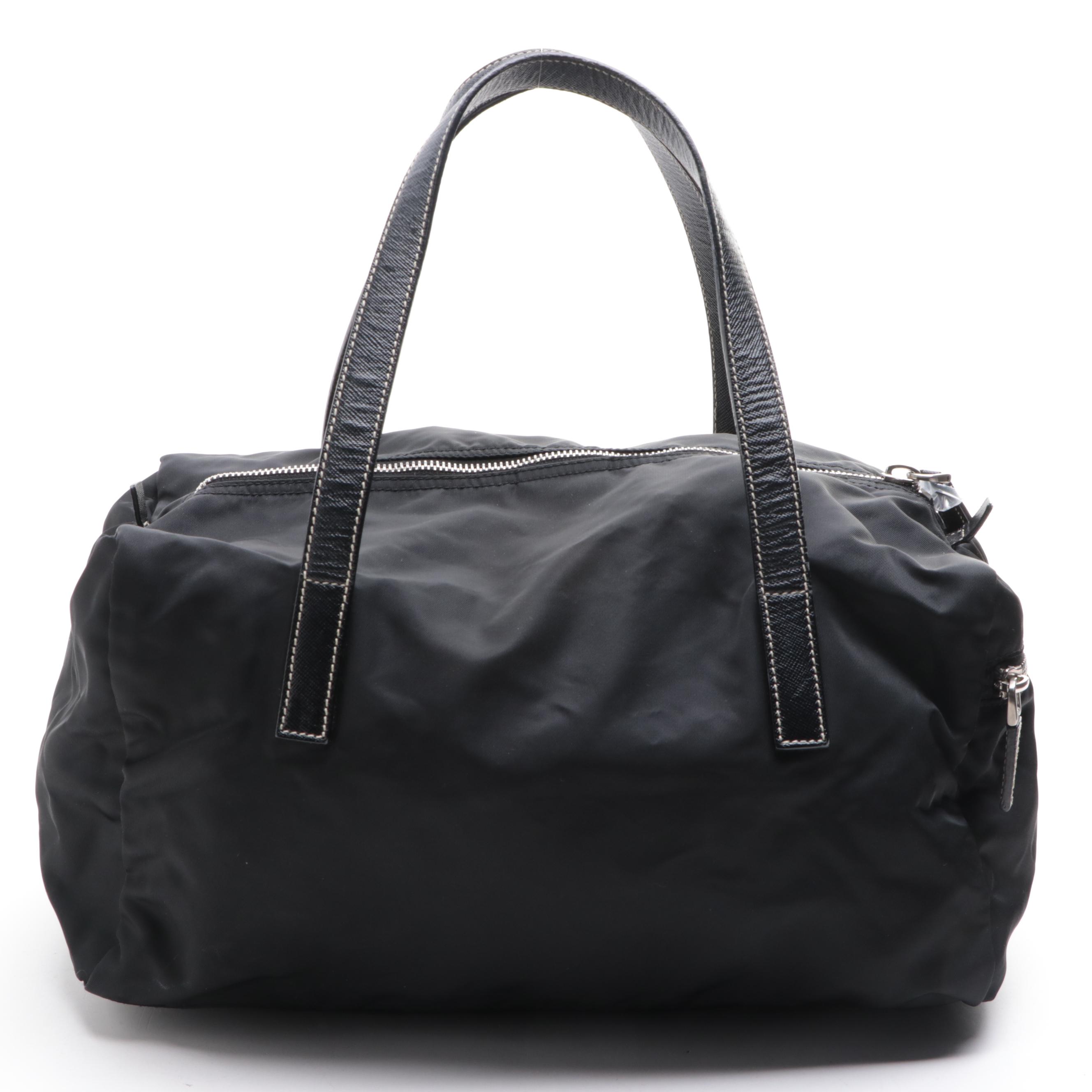 Prada Small Bauletto Shoulder Bag in Black Nylon Gabardine and Saffiano Leather