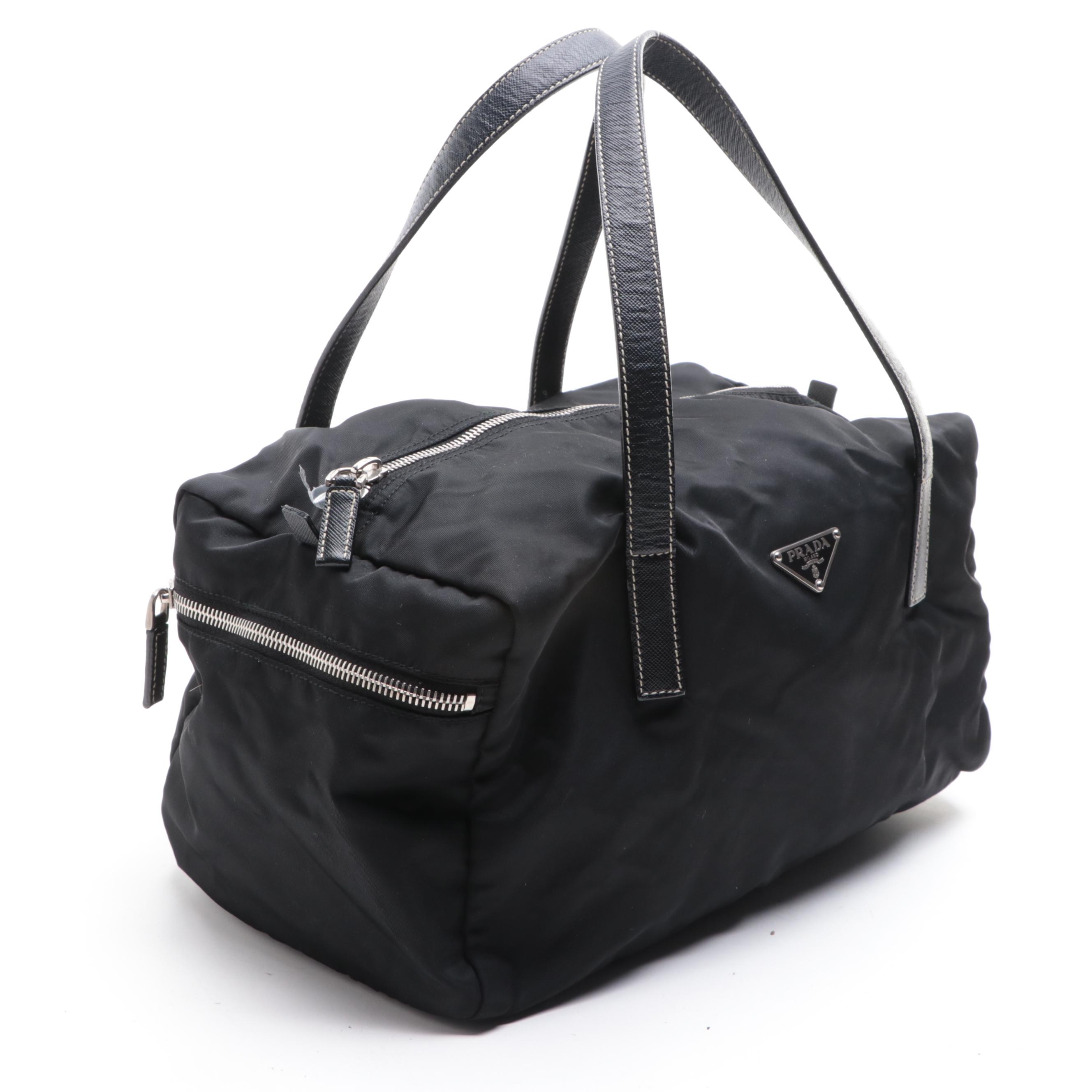 Prada Small Bauletto Shoulder Bag in Black Nylon Gabardine and Saffiano Leather
