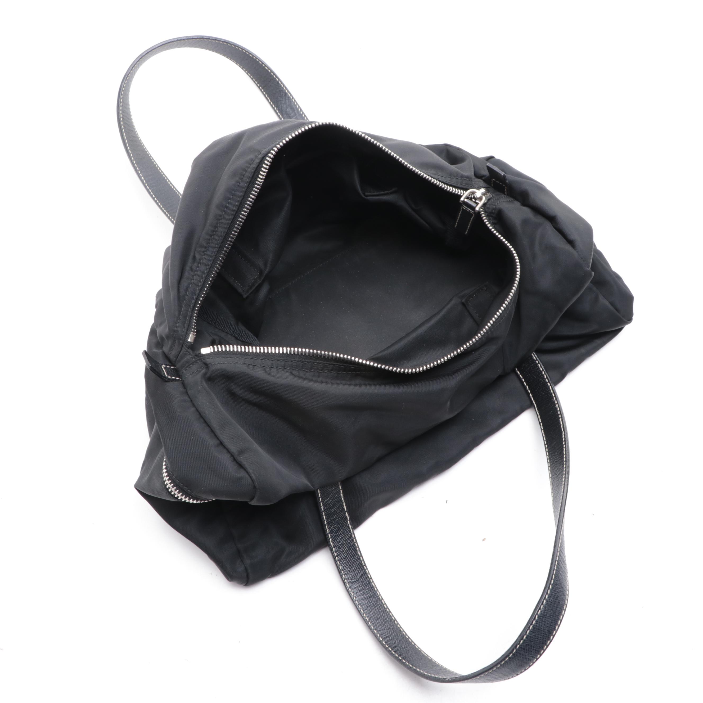Prada Small Bauletto Shoulder Bag in Black Nylon Gabardine and Saffiano Leather