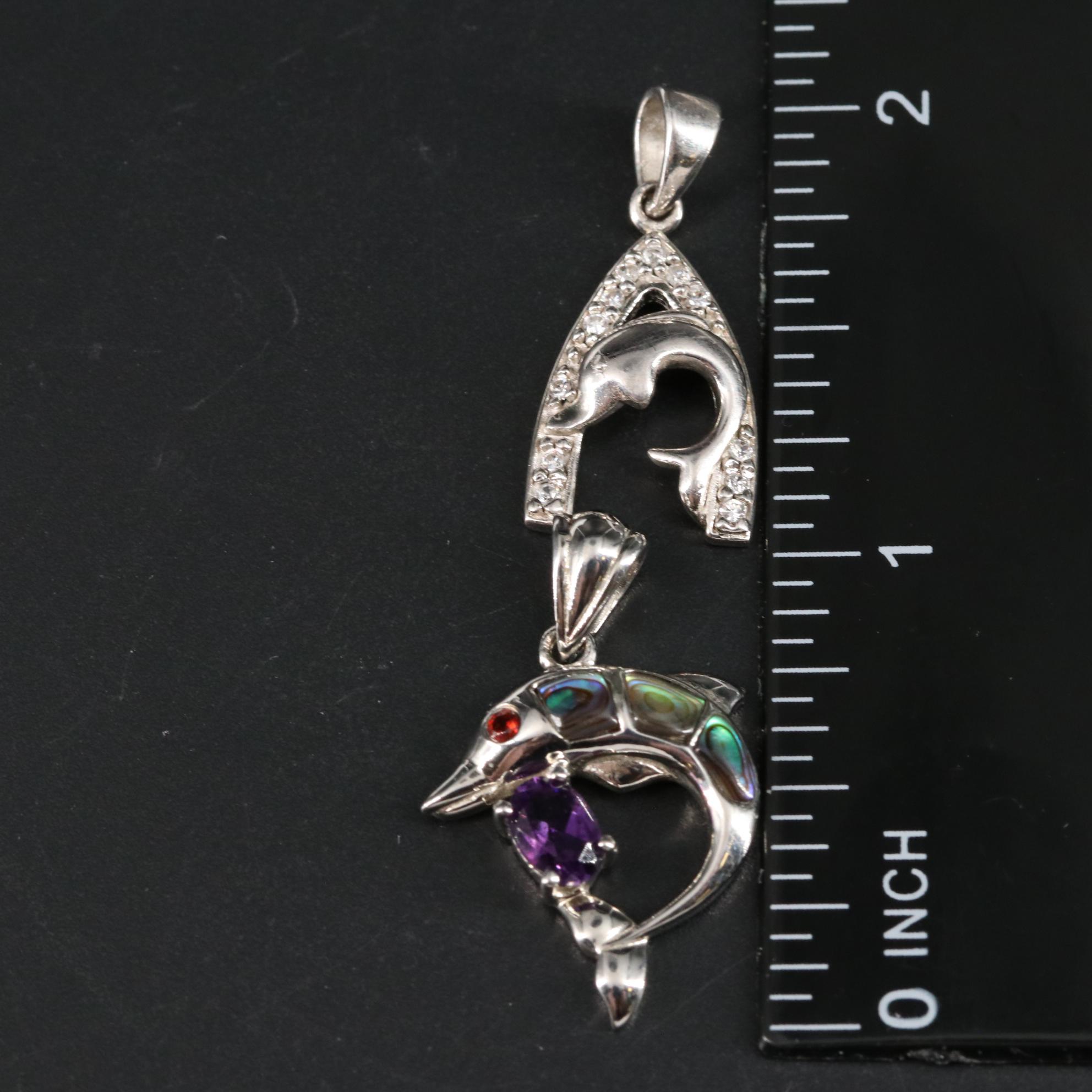Sterling Pendant Duo Featuring Cubic Zirconia Amethyst Garnet and Abalone