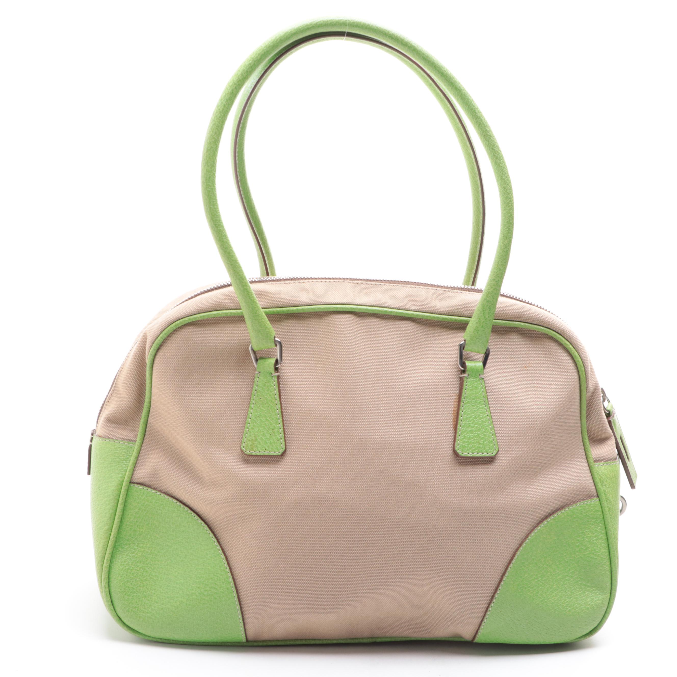Prada Medium Zip Bowler Bag in Canvas and Green Cinghiale Leather