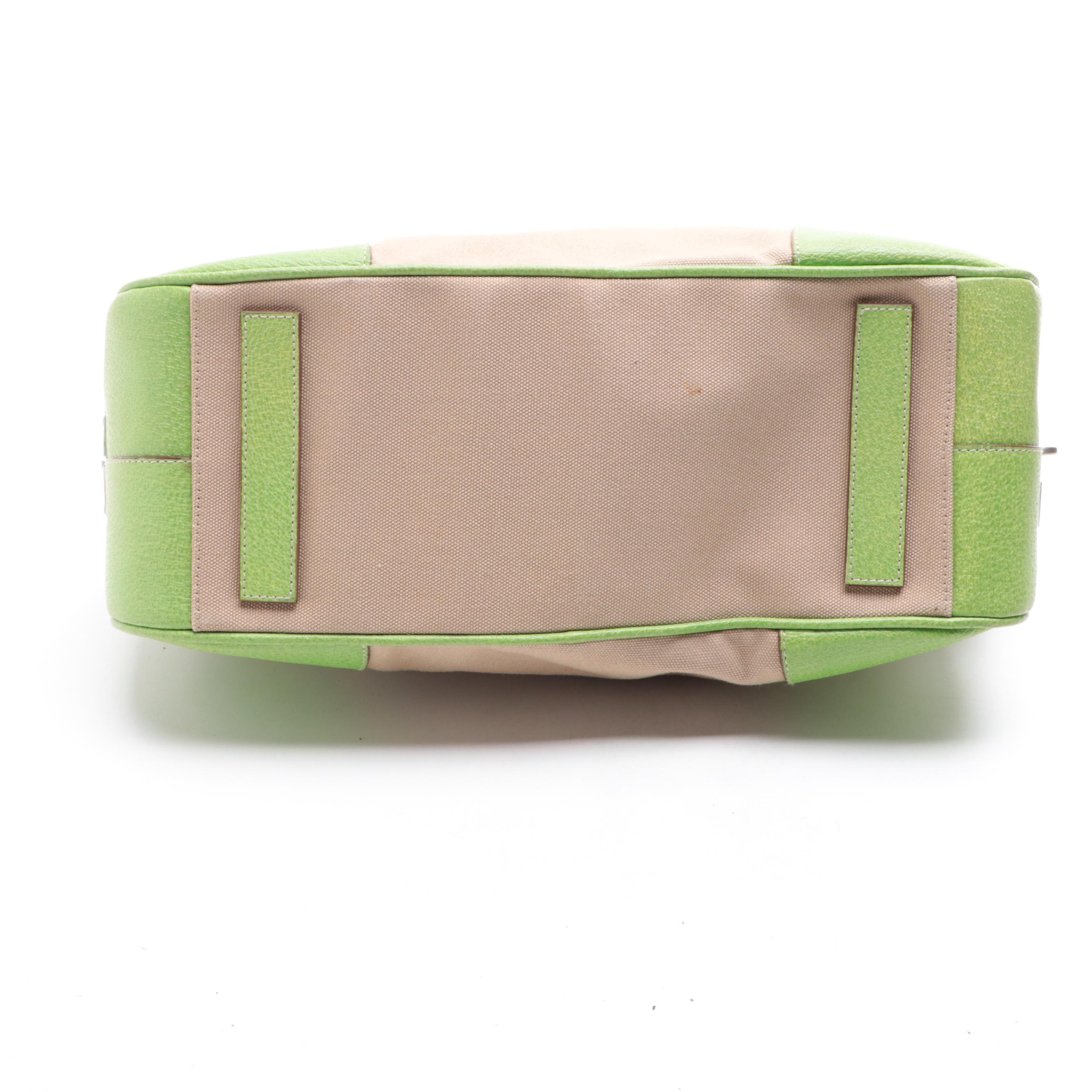 Prada Medium Zip Bowler Bag in Canvas and Green Cinghiale Leather