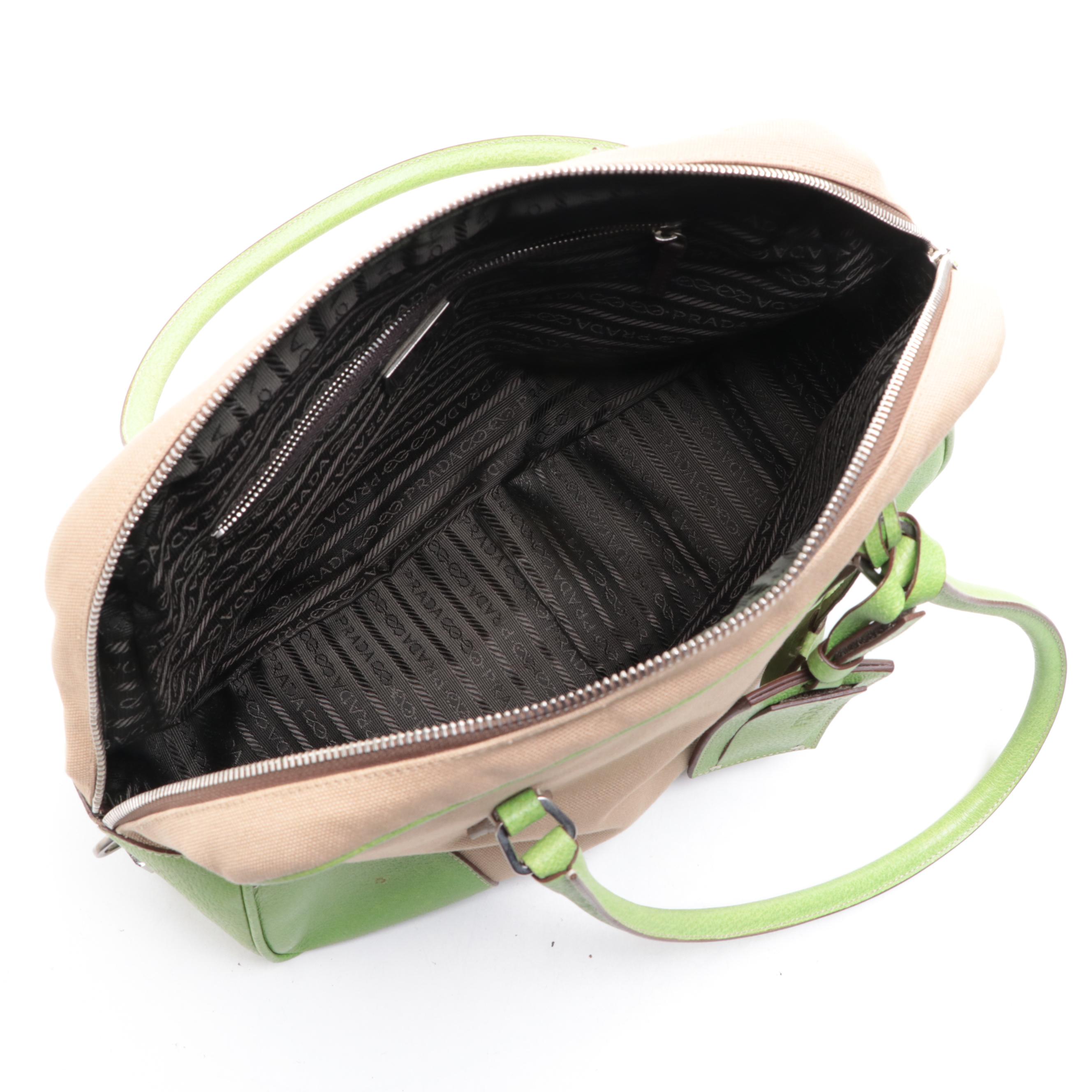 Prada Medium Zip Bowler Bag in Canvas and Green Cinghiale Leather